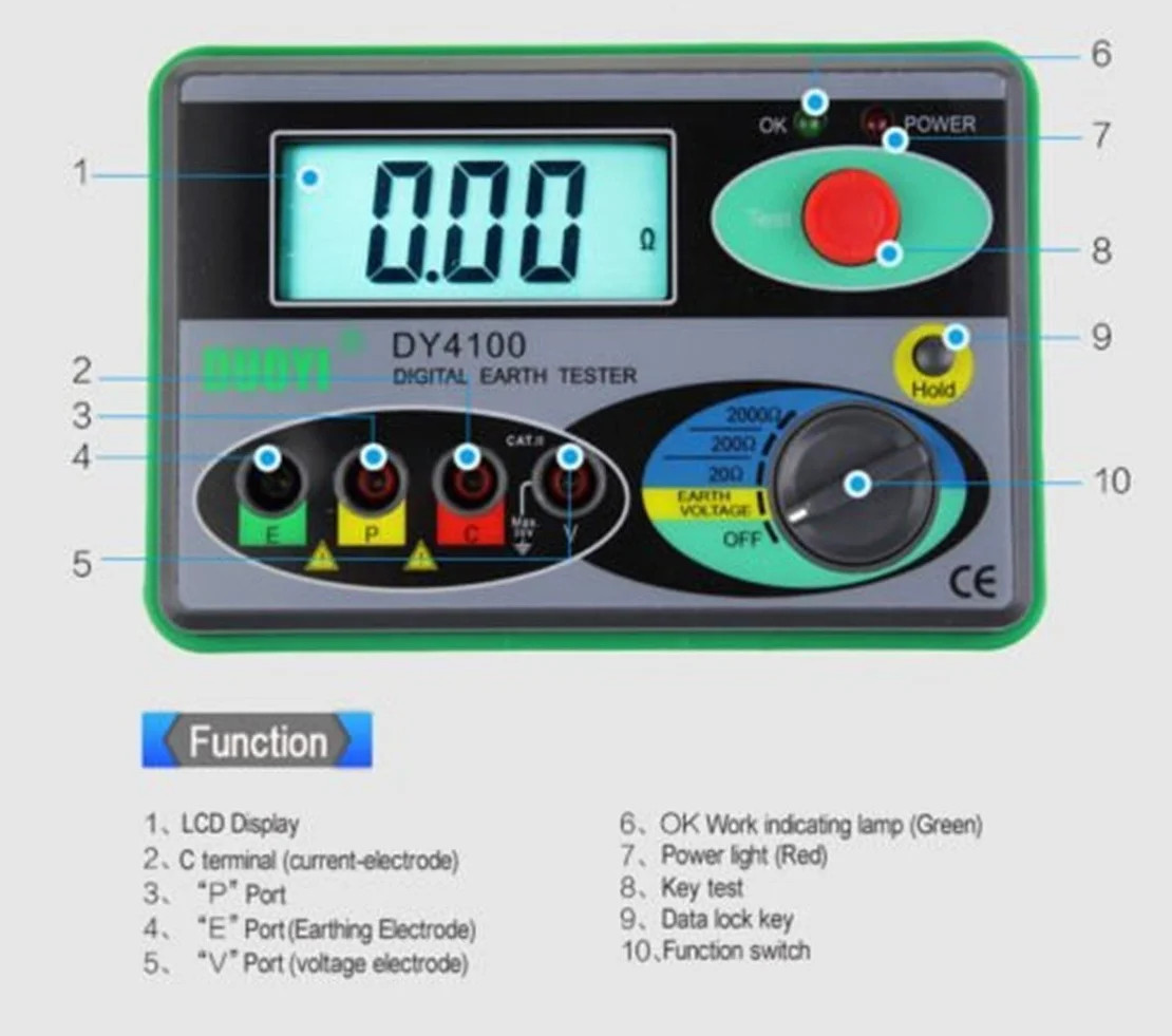 Erdungswiderstandstester DY4100 0-2000 Ohm Real Digital Erde Tester Meter