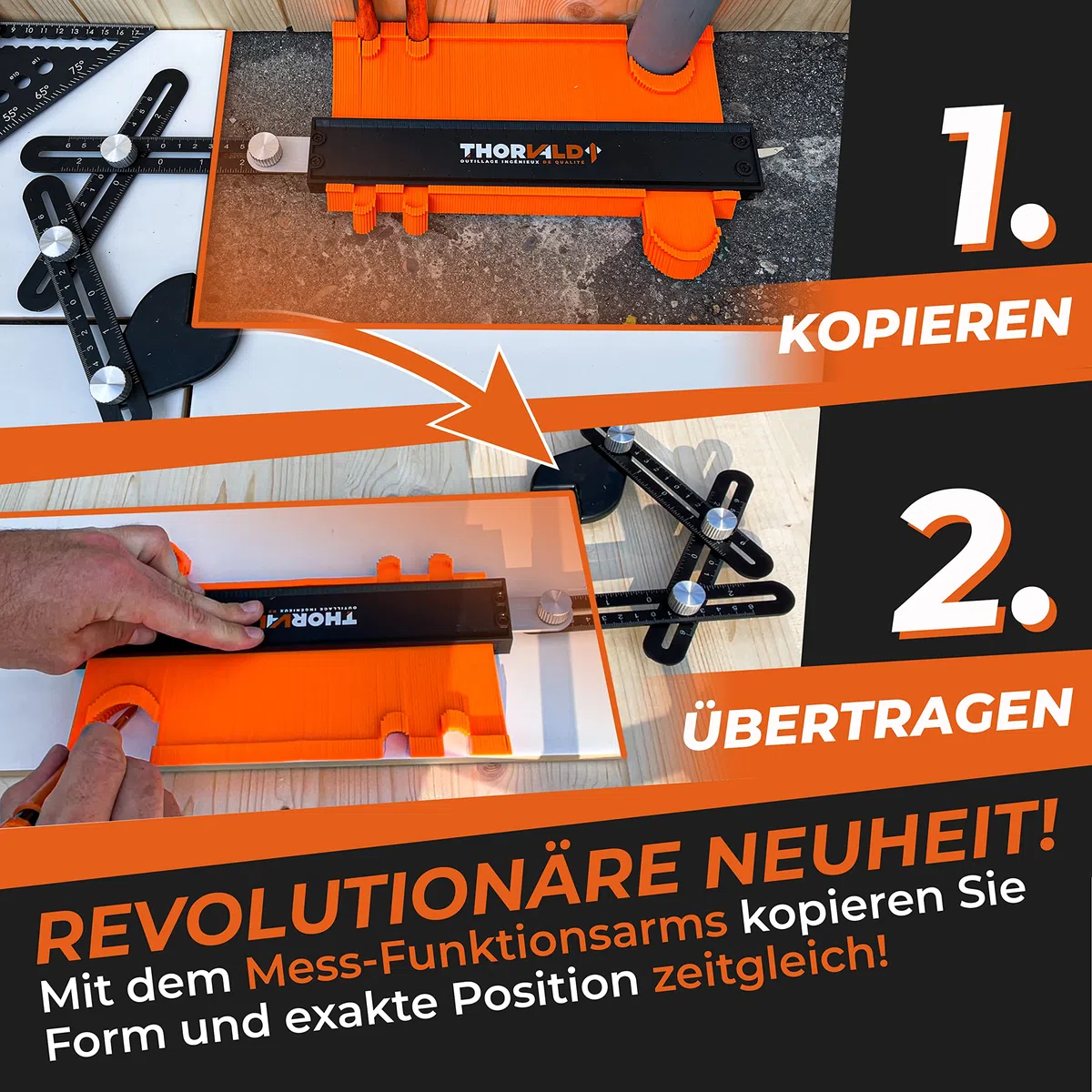 THORVALD Werkzeug Konturenlehre mit Feststeller & Winkelschablone - 25cm Konturlehre Konturen Schablone für Fliesen, Parkett, Laminat - Inkl. Tieflochmarker + Anleitung - Konturenabnehmer mit Schloss