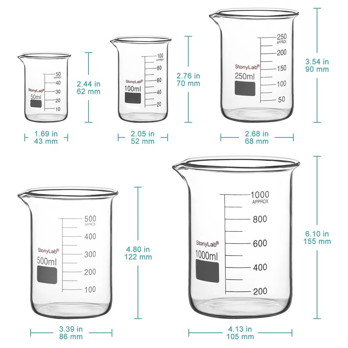 stonylab Labor Becherglas Set, Borosilikatglas Griffinbecher mit Graduierung in Niedriger Form in 5 Größen, 50ml/100ml/250ml/500ml/1000ml (1L), Kombipackung