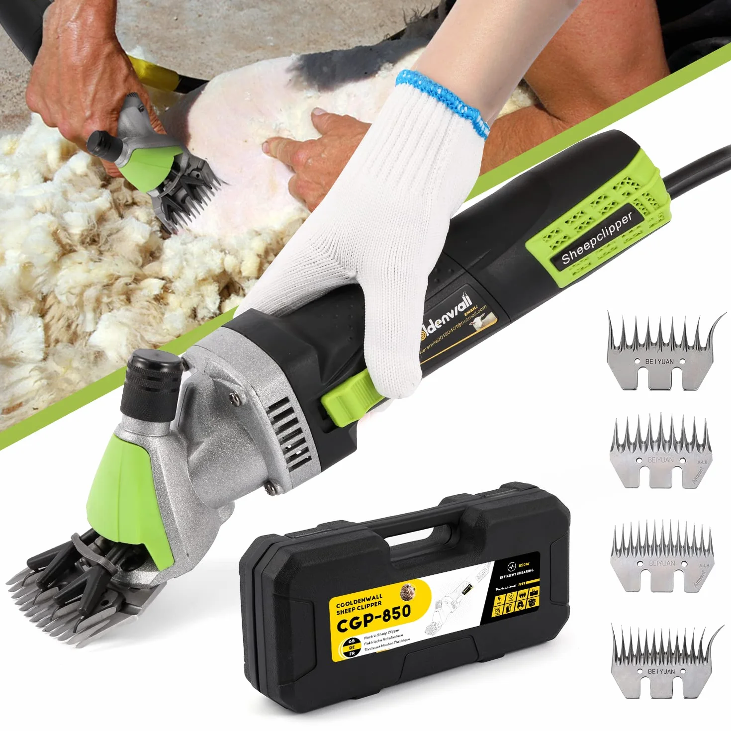 CGOLDENWALL Elektrische Schafschere 850W Ziegenschere Clipper Trimmer Wolle Scher Schaf Ziegen Clipper Tierhaar Schermaschine Trimmer Werkzeug mit 9 Gerade+9 Gebogene+13 Gerade+13 Gebogene Zähne