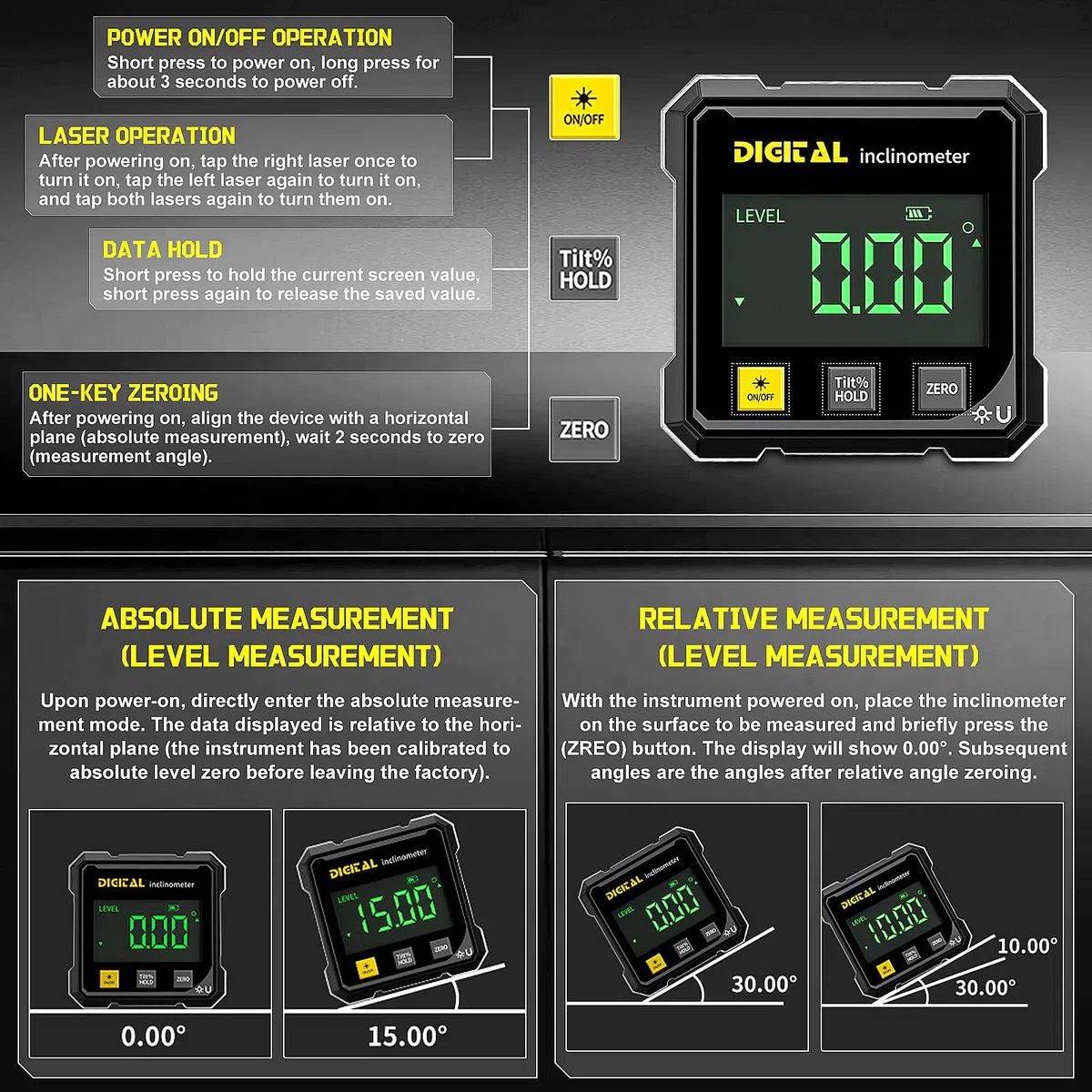 Digitaler Winkelsucher mit Elektronischem Laser mit LCD Display,4-Seitiger Magnet Digital Inclinometer with Laser Digitaler Neigungsmesser mit Laser für Holzbearbeitung, Tischsäge, Hängend.