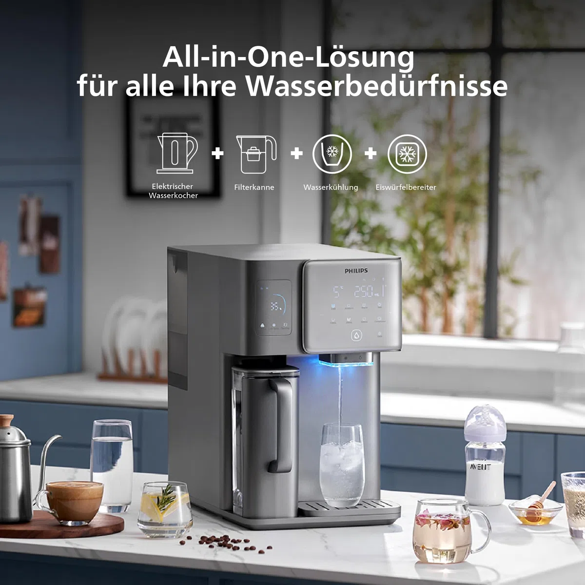 Philips Water 9000 Umkehrosmose-Wasserspender: heißes & gekühltes Wasser in Sekunden, Eiswürfelfunktion, 6-in-1-RO-Filter mit Mineralien, >110 Schadstoffe reduziert, 3:1 Rein-/Abwasser, UV-C, 2000 L