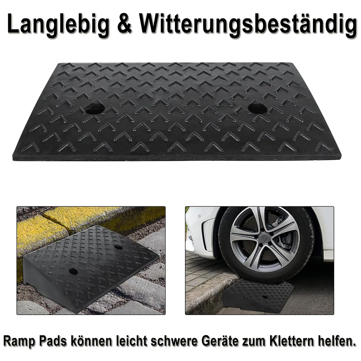2er Set Gummi Bordsteinrampe, 10,5cm Höhe, Schwerlast Rampen für Bordsteinkante, Tragbare Dämpfungsrampe für Auto, Motorrad, Rollstuhl & Rollator, Schwarz