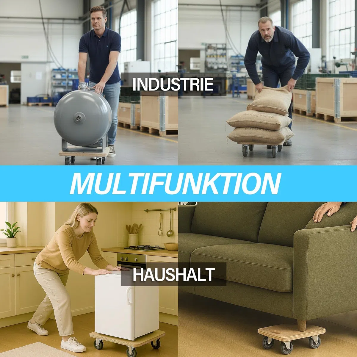 Rollbrett mit Zugseil 30×30 cm | Schwerlast-Transportroller 200 kg Tragkraft | Möbelroller & Pflanzenroller für Möbel, Kisten & Pflanzkübel | Transportbrett mit Rollen | Umzugsroller