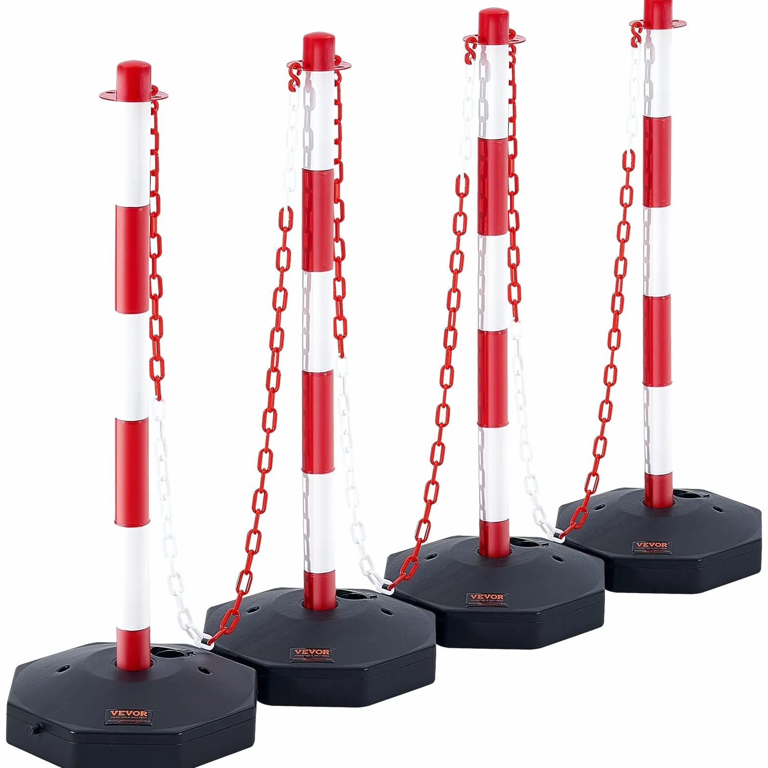 VEVOR Set von 4 Absperrpfosten und 1 Kunststoff-Kette von 10 m Rot und Weiß, Sperrpfosten, Poller Aus PE-Kunststoff für die Verkehrskontrolle oder Warnung an der Auffahrt, Garage, dem Tor usw. Rot