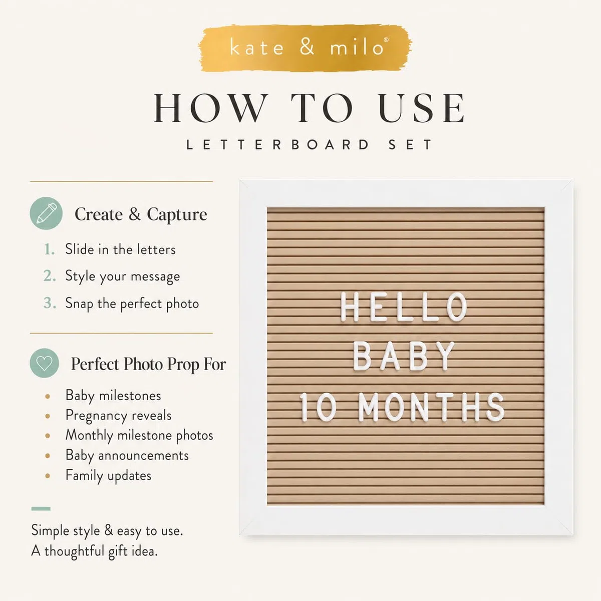 Kate & Milo Letterboard, Taupe, Classic Wooden Letterboard, Baby Keepsake Photo Prop, Taupe Letterboard Keepsake For Meilensteine, Gender Neutral Nursery Decor, Baby Announcement Prop