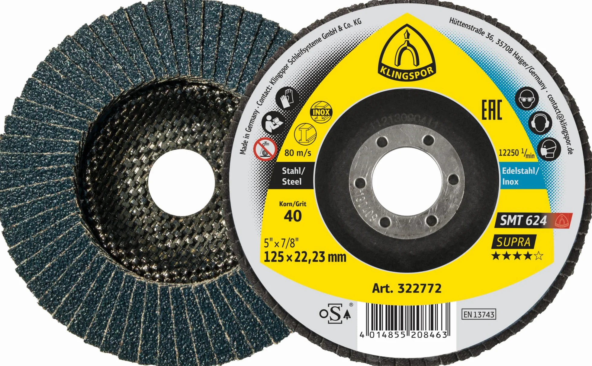 SMT 624 Supra Schleifmopteller Fächerscheiben 125 x 22,23 mm Korn 40 gewölbt für Edelstahl und Stahl 322772 | 10 Stück