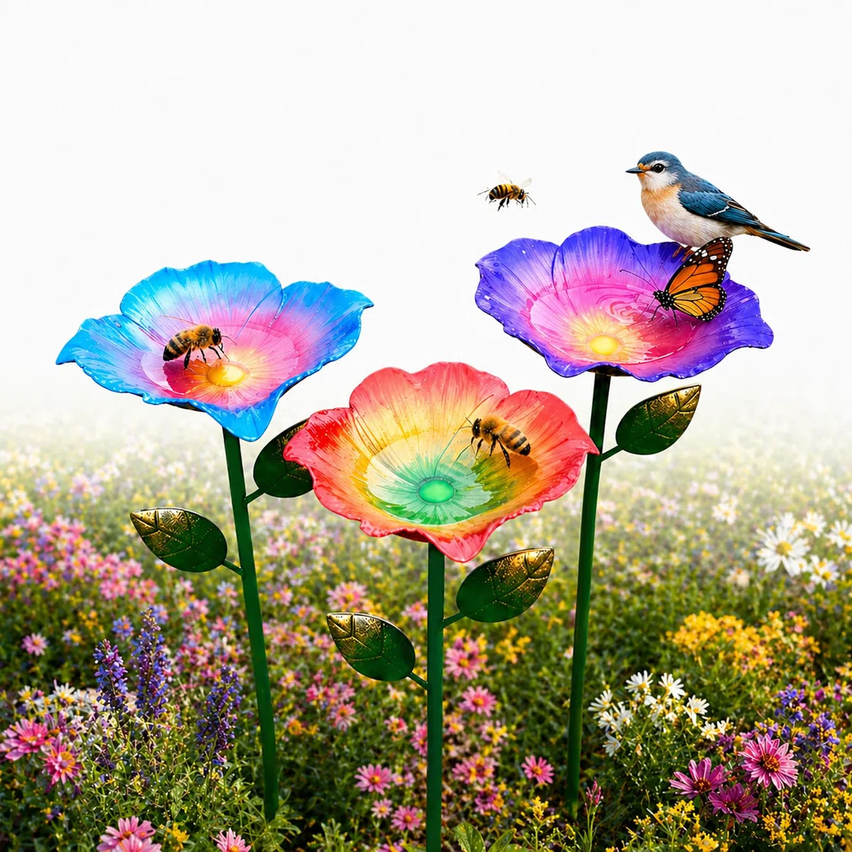 Bienen Tränke Garten, 15cm Große Bienentränke Metall Blume mit Erdspieß, Vogeltränke & Insektentränke, Bienen Wasserstation & Mini Vogelbad für Garten Balkon, Gartendeko & Garden Gift (3 Stück)