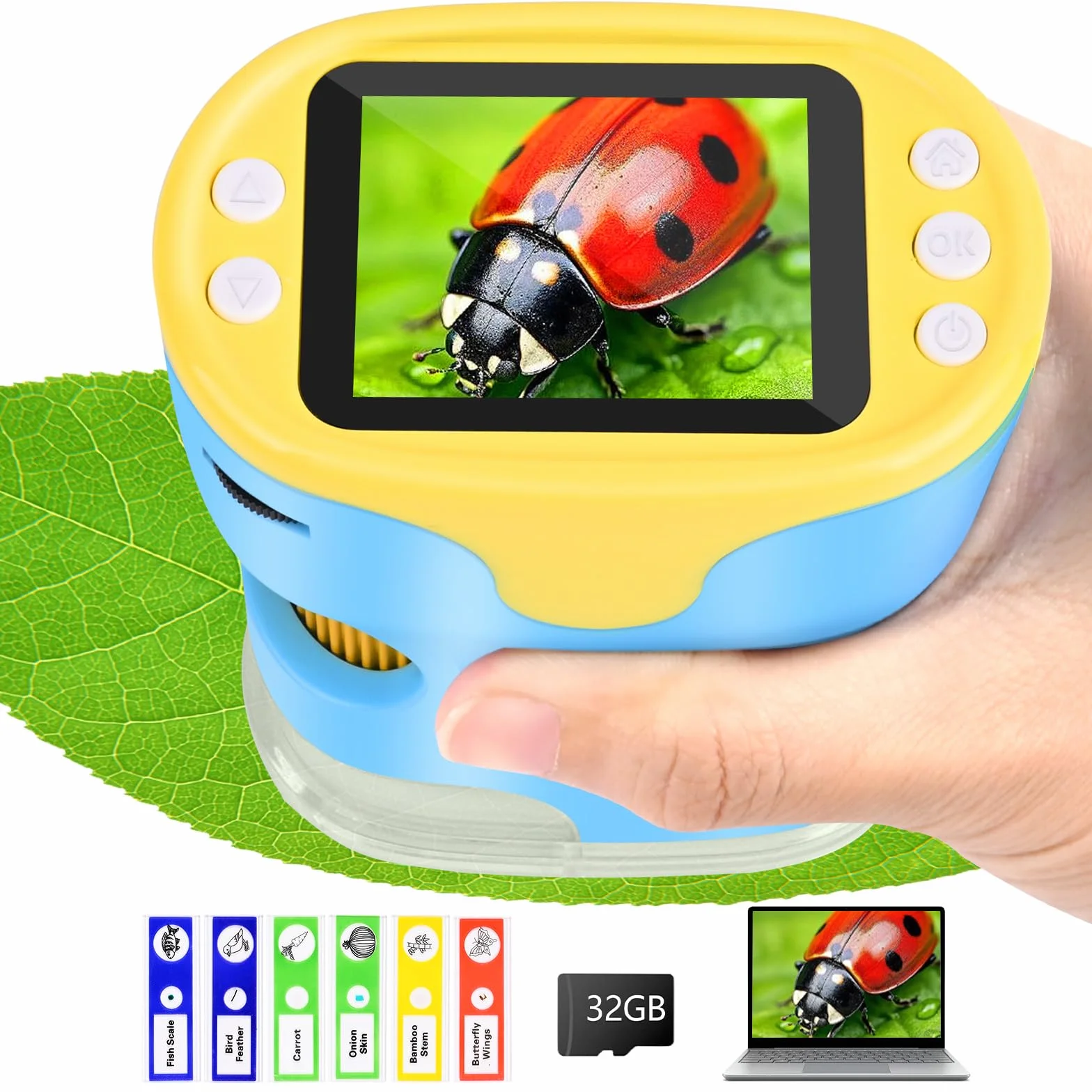 Mikroskop für Kinder, Vankarr 1000X Digitale Taschenmikroskop Tragbares Mini Handy Mikroskope mit 32GB SD-Karte, 2-Zoll-IPS-Bildschirm, Objektträgerproben, Geschenk für Kinder Studenten, Blau