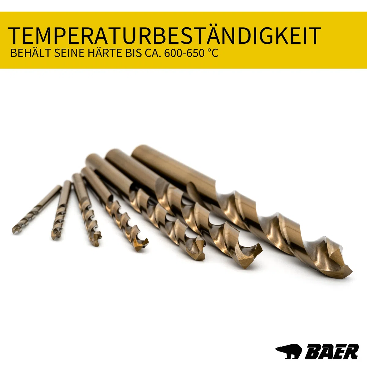 BAER HSS-E Spiralbohrer Set M3–M12 | 10-tlg. Kernlochbohrer Satz mit 5% Cobalt (DIN 338) | Metallbohrer für Stahl, Edelstahl V2A, INOX, Eisen, Aluminium | BaerCoil Stahlbohrer Set