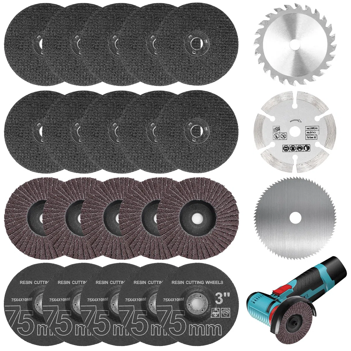 23 Stück Trennscheiben & Fächerscheiben Set 75mm, Winkelschleifer Zubehör mit HSS Kreissägeblättern, Hartmetall-Trennscheibe, Ø 10 mm Bohrung, Schleifen Schneiden Polieren Metall Holz Kunststoff