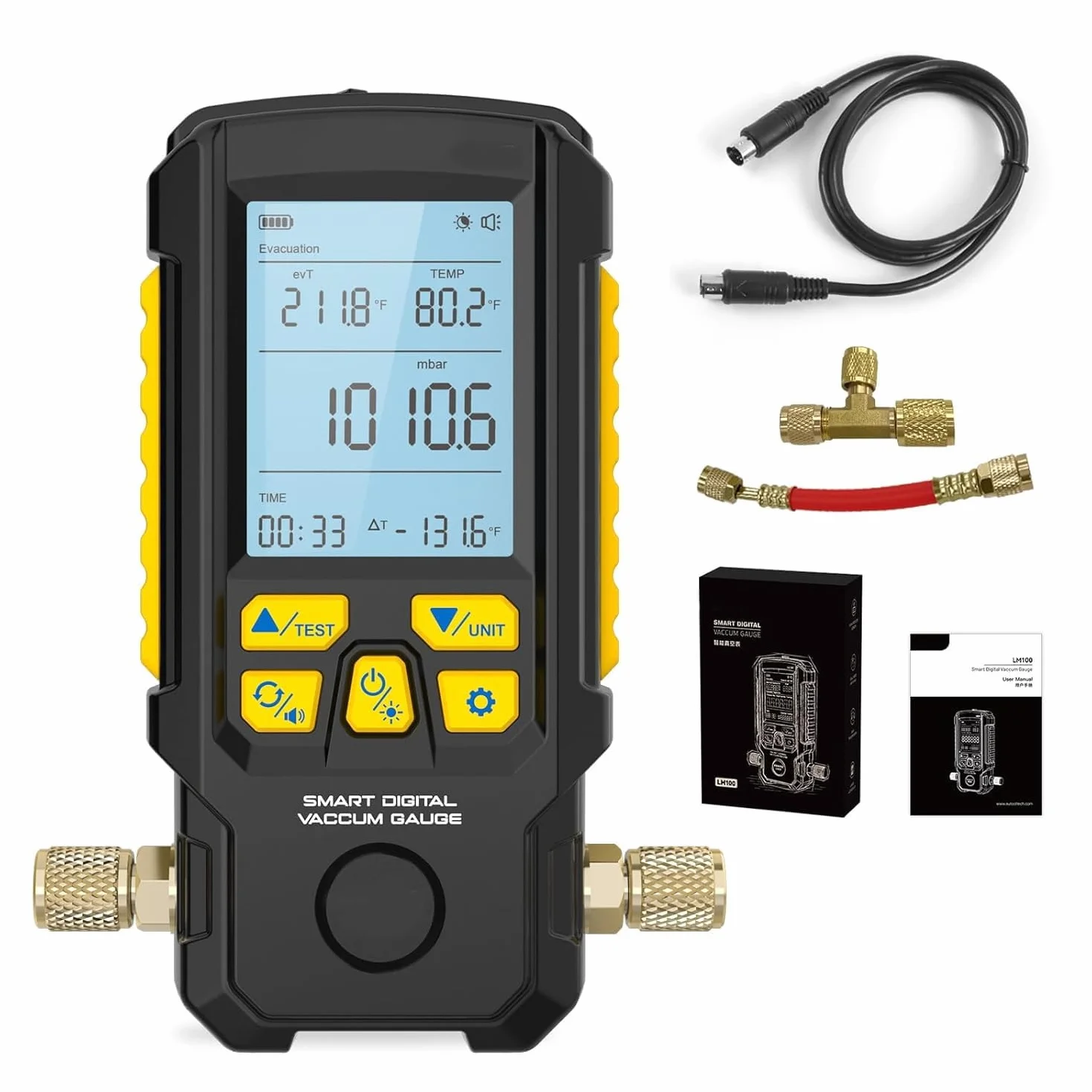 LM100 Intelligentes digitales Vakuummeter, HVAC 0 bis 2000 mbar, Auflösung 0,1 mbar, ±0,2% Genauigkeit, Vakuummeter, Temperaturkompensation, HVAC-Messgeräte mit 4 Einheiten (Torr, inHg, mbar, Hpa)
