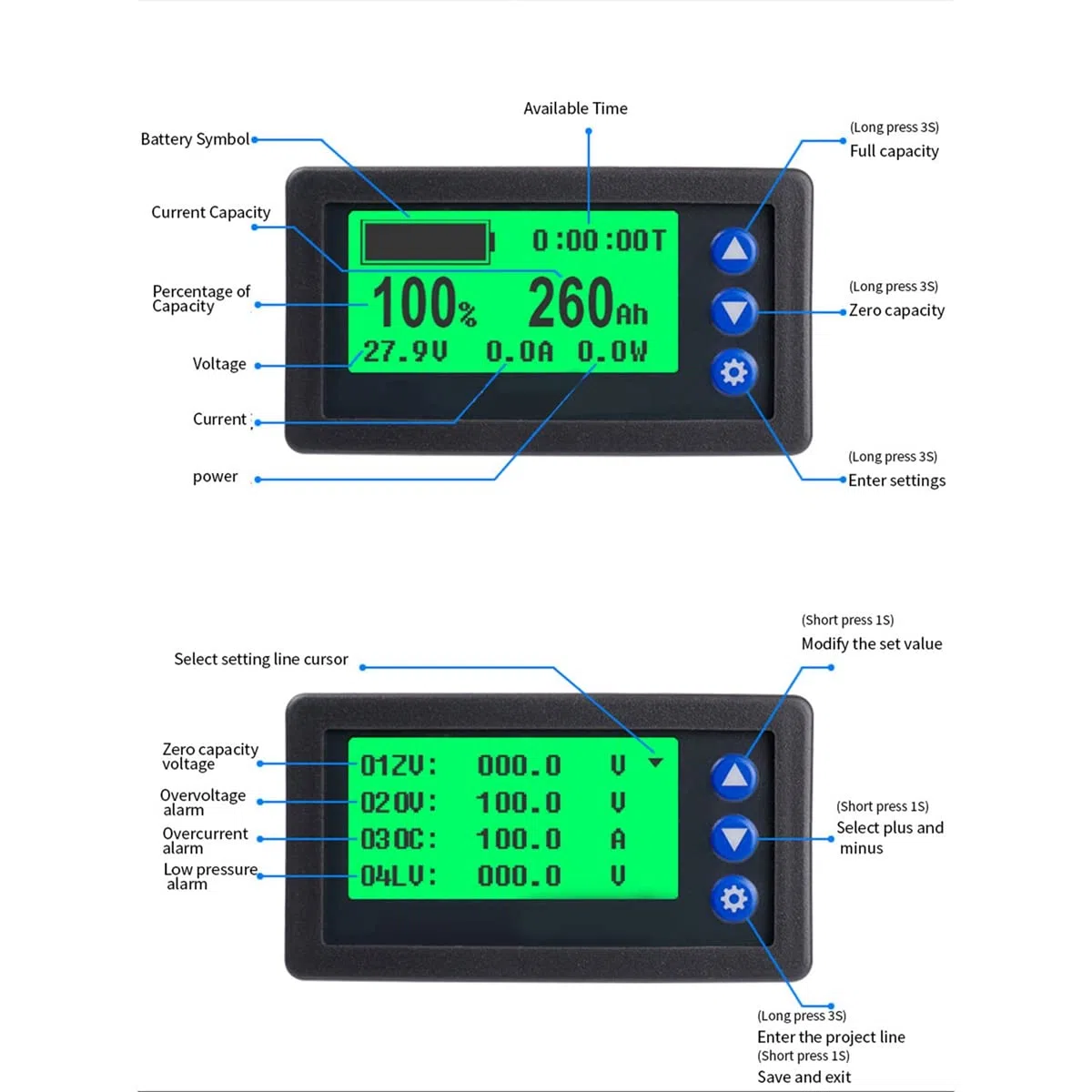 Batteriemonitor Hall Coulomb Meter DC 8-100V 100A Lifepo4 Blei-SäUre Li-Ion Lithium KapazitäT Leistungsanzeige