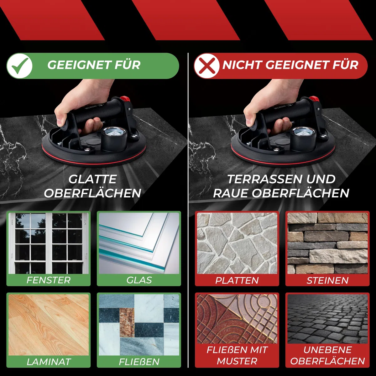 Saugheber 2er Set - Robuste Glasheber für Glas, Fenster, Laminat, Fliesen, nur für glatte Oberflächen – NICHT FÜR TERASSENPlATTEN UND RAUE OBERFLÄCHEN - Vakuumheber Saugnäpfe für Fenster