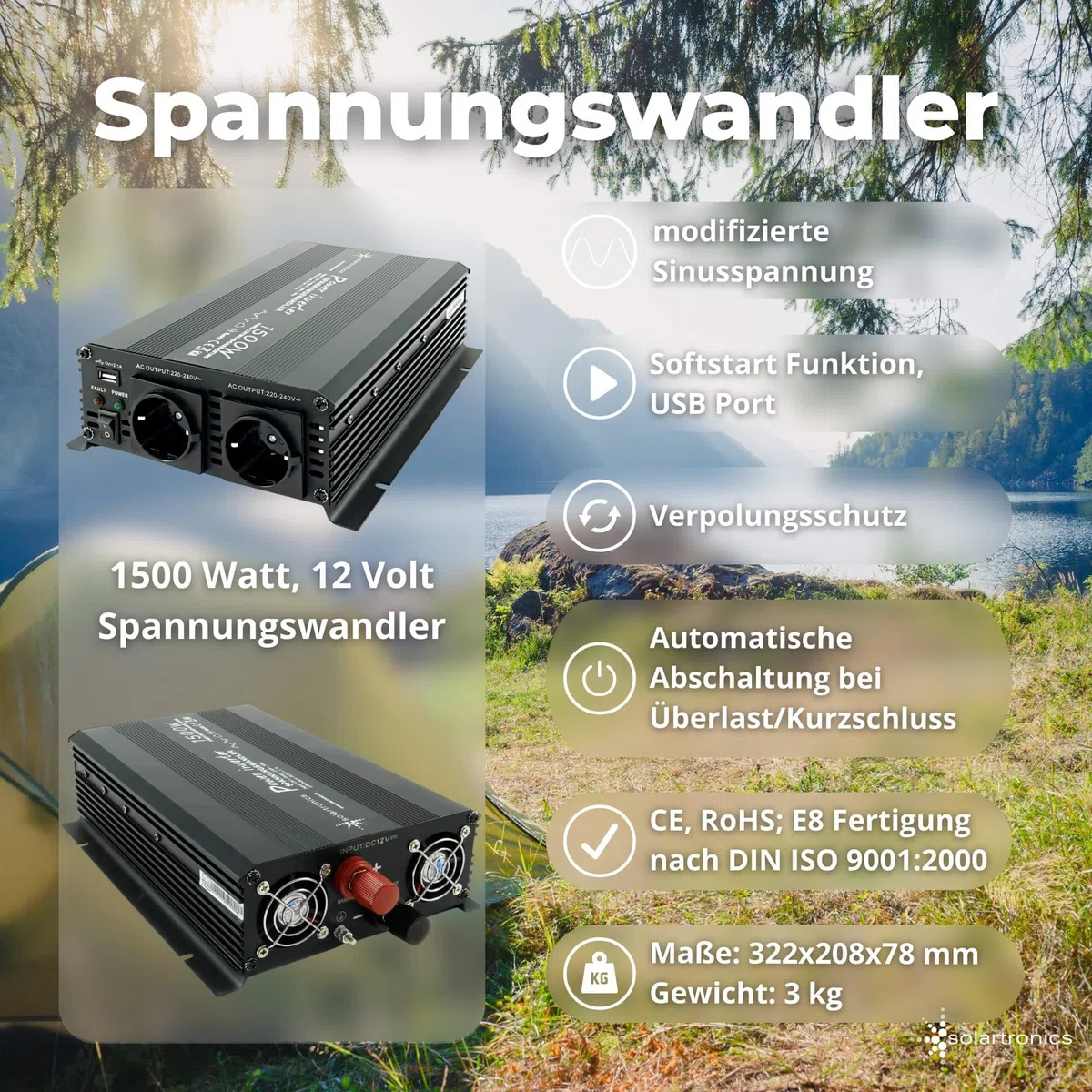 SOLARTRONICS Komplettset 3x120 Watt Solarmodul 1070x580x35, NM 1500W Wandler + 30A Laderegler + Solarkabel + 3-fach Solarstecker Photovoltaikanlange Inselanlage Wohnmobil