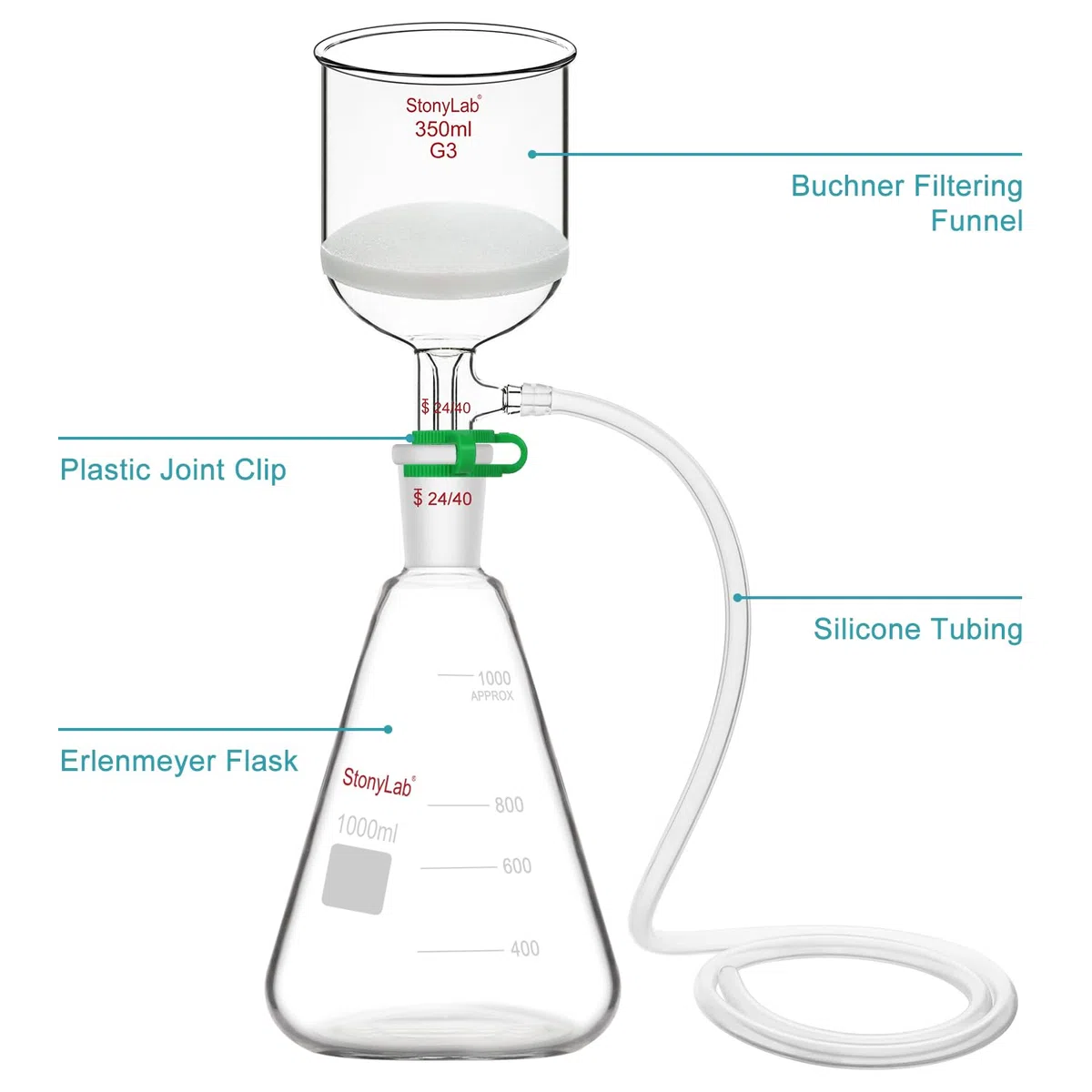 stonylab Buchner Trichter & Flasche Set, 350 ml Trichter aus Glas mit 1L Erlenmeyerkolben und Silikon Schläuche für den Einsatz im Labor
