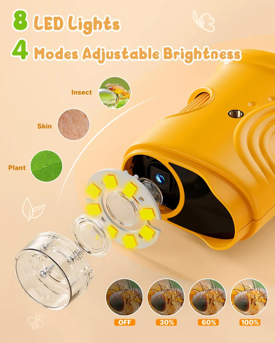 1000X Digital Mikroskop für Kinder Lupe: Handy Taschenmikroskop mit 2.0" IPS Bildschirm & 8 LED Licht - Geschenk ab 3-6 6-12 Jährige - Mini Magnifying Glass - Kids Gartenspielzeug Gelb Mint-Spielzeug