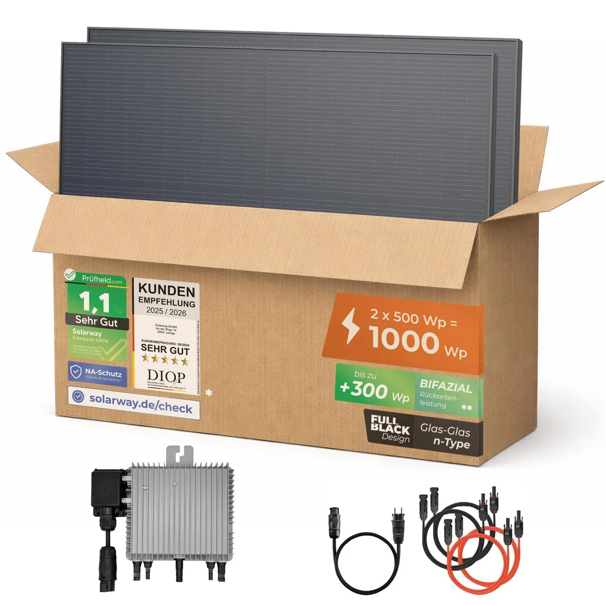 Solarway® 1000Wp / 800W Balkonkraftwerk - Deye SUN-M80G4-EU-Q0 800 Watt Wechselrichter - Komplettset mit 500W Solarmodulen, Wechselrichter & Zubehör – steckerfertige Mini-Solaranlage für die Steckdose