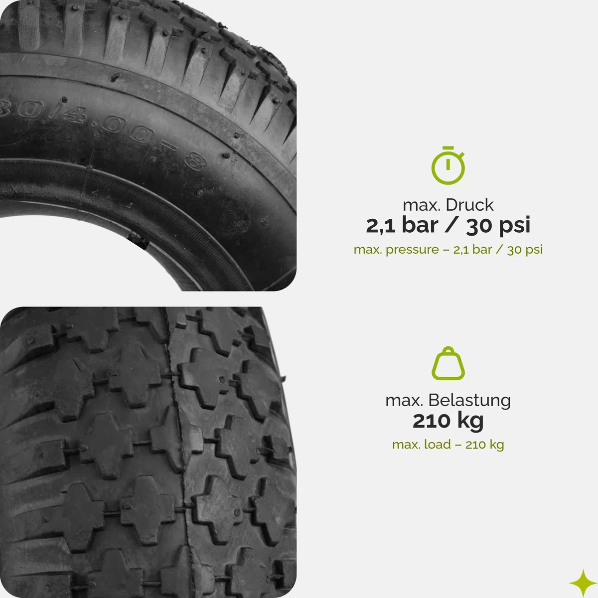 Garronda Reifen Set 2er Pack 4.80/4.00-8 mit Schlauch Schubkarrenreifen Ersatzreifen Schubkarre Bollerwagen Autoventil 2PR Gummi Ø 390 mm für Gartenwagen Hof Baustelle GD-0164, Schwarz