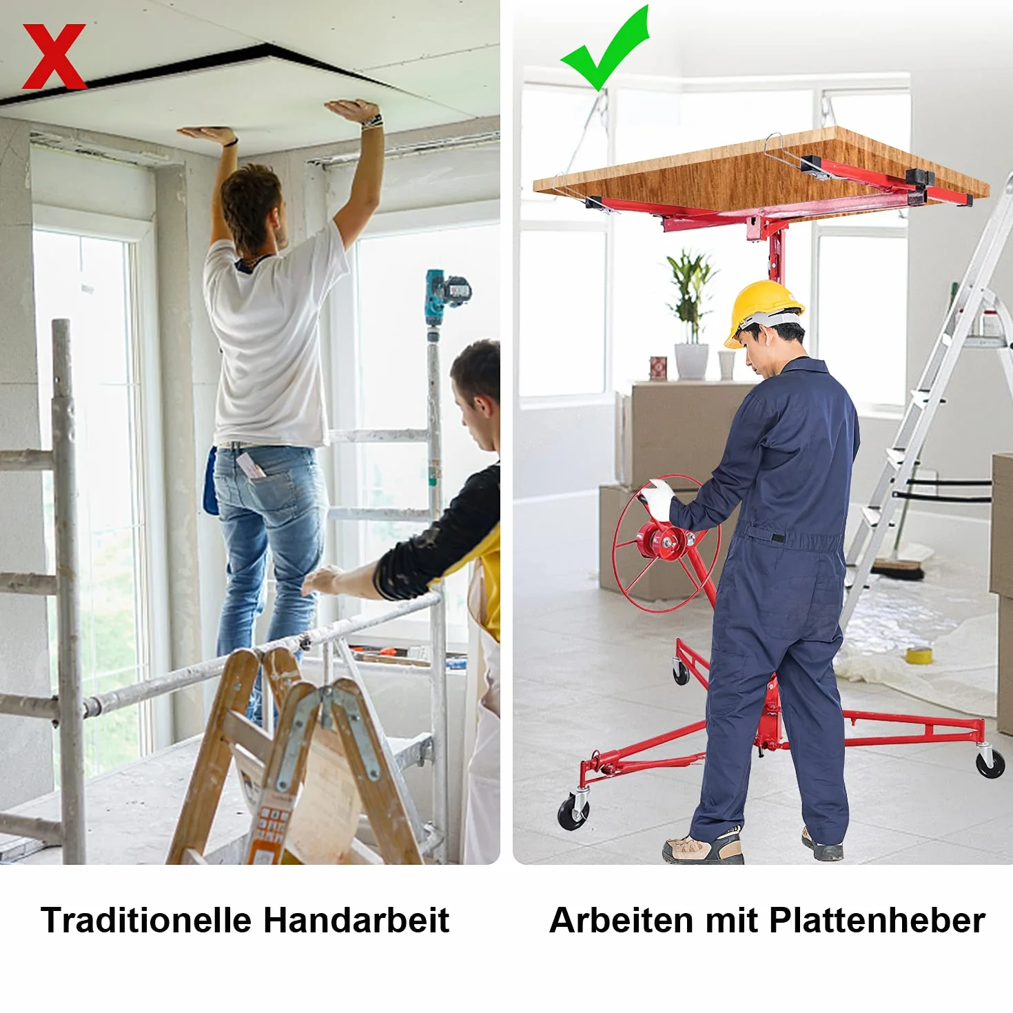 Herrselsam Plattenheber klappbar XXL 140 cm-350 cm Arbeitshöhe Höhenverstellbar 68kg Traglast max. 290 cm Lastarmbreite für Rigipsplatten