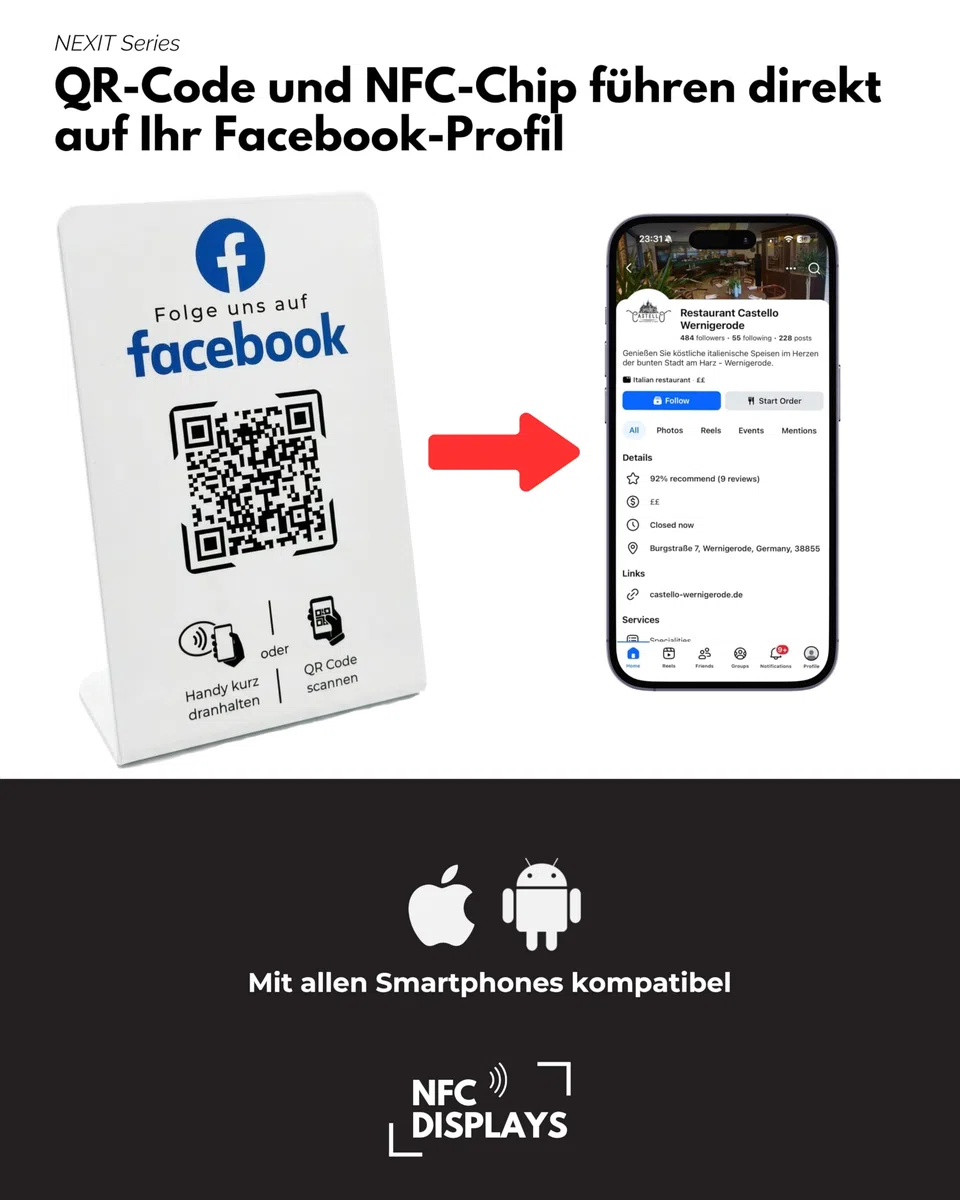 Aufsteller/Schild für Facebook mit QR-Code und NFC (16,5 x 10,5cm) - Deutsch