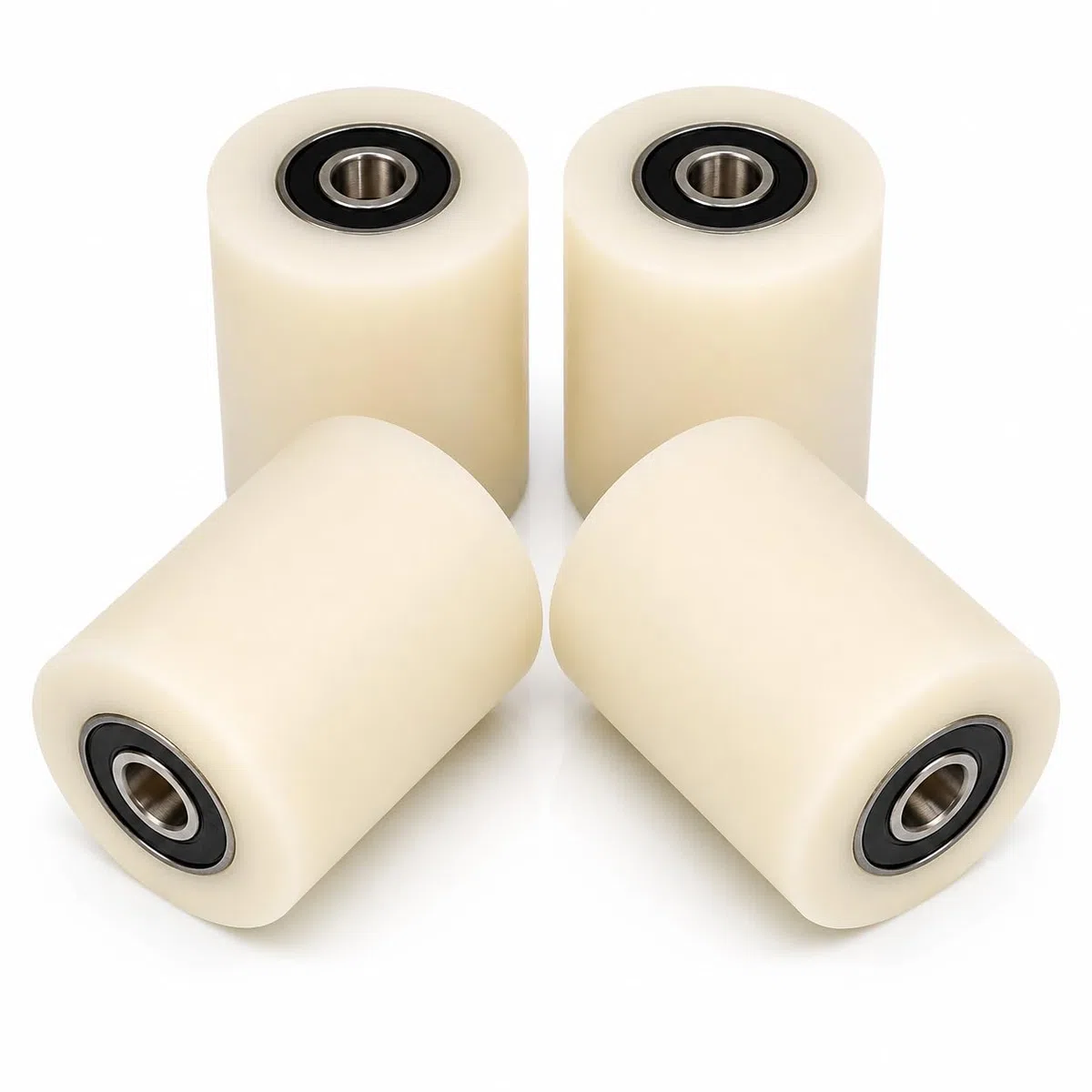 4x Polyamid Nylon Laufrollen Ø40 x 50 mm mit Kugellagern – CNC Präzisionsgefertigt ±0,3 mm – Tragkraft bis 60 kg pro Rolle – Für Belt Grinder, Backstand, Fördertechnik und Maschinenbau