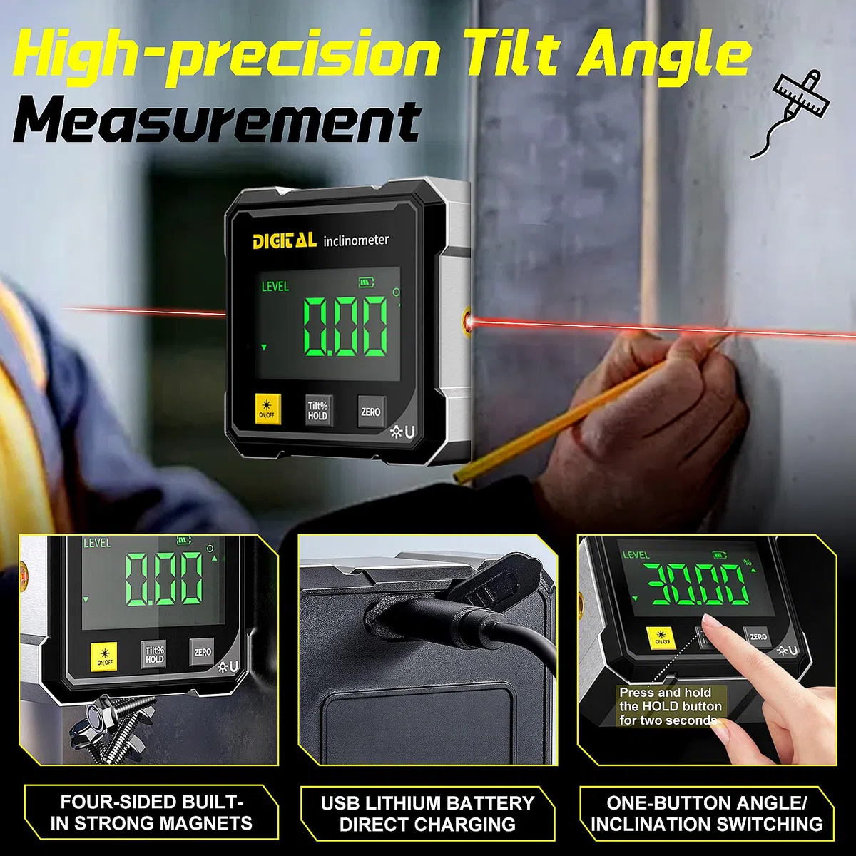Digitaler Winkelsucher mit Elektronischem Laser mit LCD Display,4-Seitiger Magnet Digital Inclinometer with Laser Digitaler Neigungsmesser mit Laser für Holzbearbeitung, Tischsäge, Hängend.