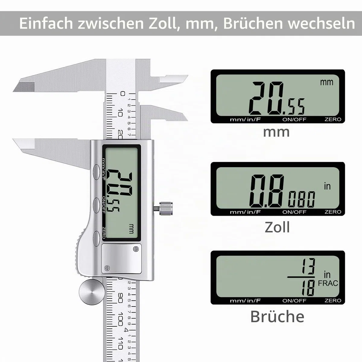 Proster Digitaler Messschieber 8 Zoll/200mm + 32 Fühlerlehre Schieblehre Edelstahl Elektronischer Meßschieber Zoll/Fraktionen/Metrisch Messschieber für Länge Breite Tiefe Innen-/ Außendurchmesser