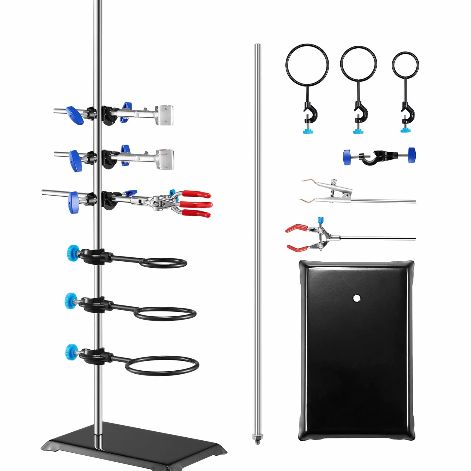 VEVOR Laborständer-Unterstützung, Labor-Retorten-Stützständer 1 Satz, Laborständer aus Stahl mit 60 cm Stab & 210,82 x 135 mm Gusseisenbasis, inkl. Kolbenklemmen, Bürettenklemmen und Kreuzklemmen