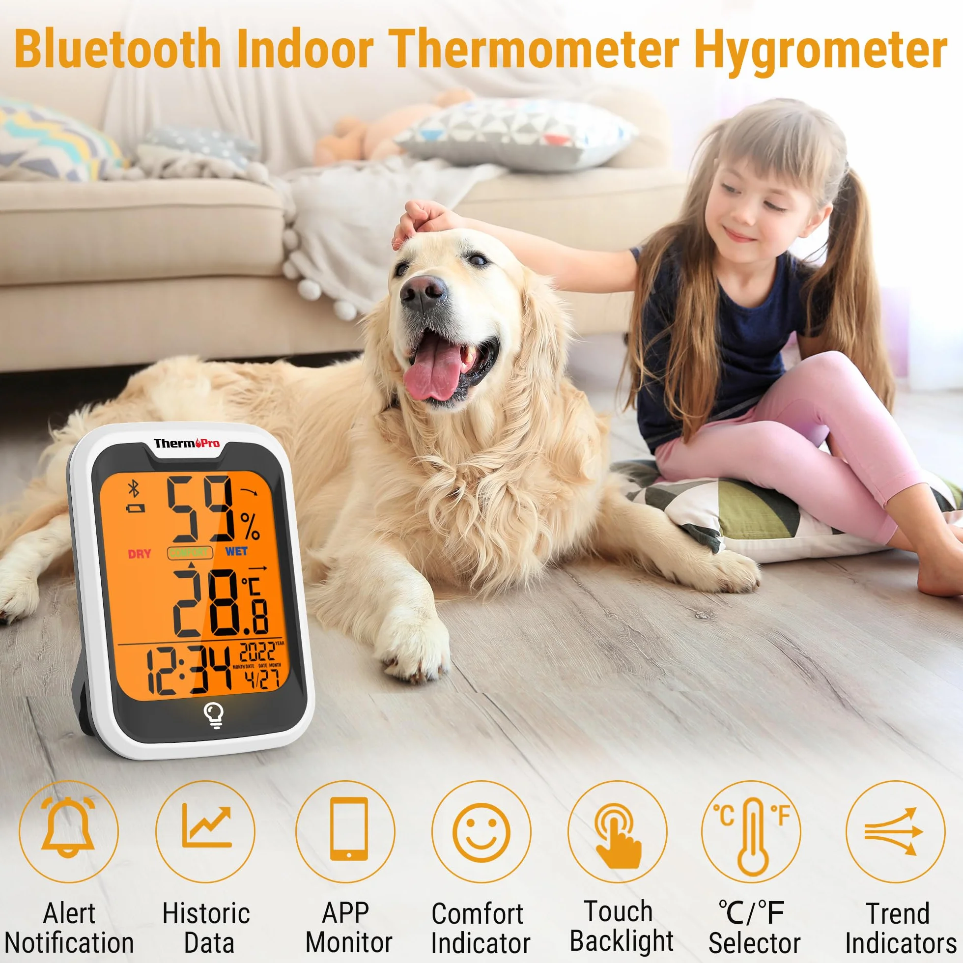 ThermoPro TempPro Bluetooth Hygrometer Innen Thermometer für Innenräume 2er-Set Uhrzeit/Datum 0.5℃ Genau Nachtlicht Luftfeuchtigkeitsmesser mit Aufzeichnung Thermometer Innen für Schlafzimmer