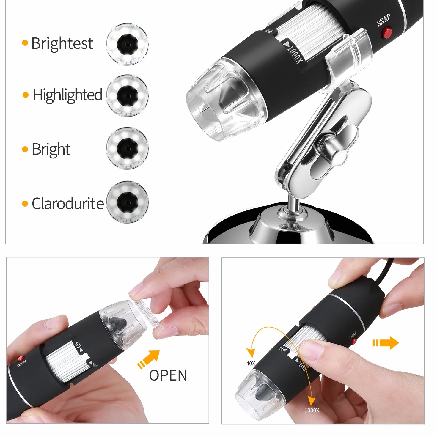 Jiusion Original 40-1000X USB Mikroskop mit tragbaren Tragetasche, Digitale Vergrößerung Endoskop Mini Kamera 8 LEDs Metall Basis für Micro USB Typ C Android, Windows Mac Linux Chrome