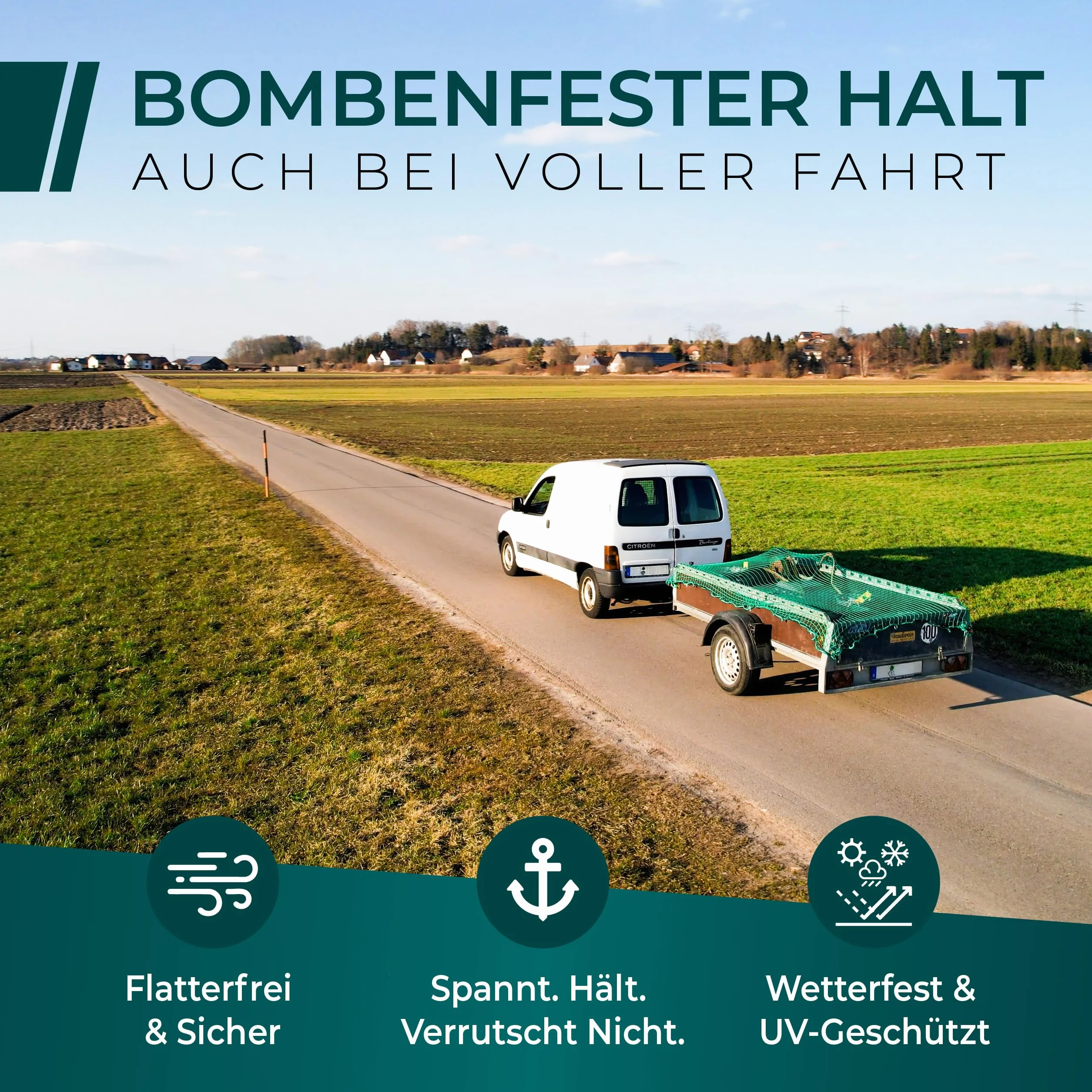 CargoVA Anhängernetz 2x3M [DEKRA Geprüft] - Ladungssicherungsnetz mit Gummiseil & Eckenmarkierung - Abdecknetz für Anhänger, Reißfest