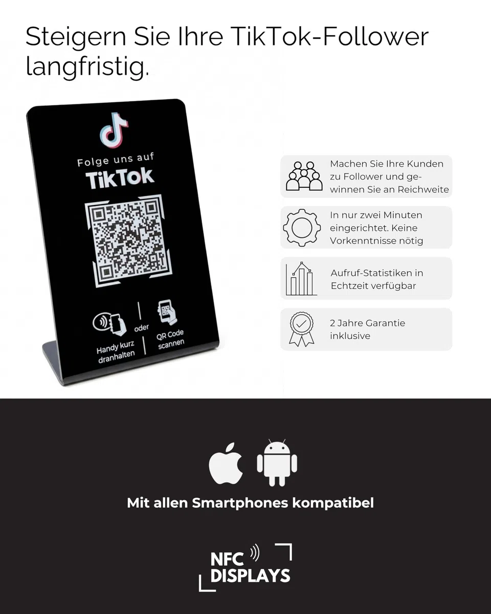 Aufsteller/Schild für TikTok Follower mit QR-Code und NFC (16,5 x 10,5 cm) - Deutsch