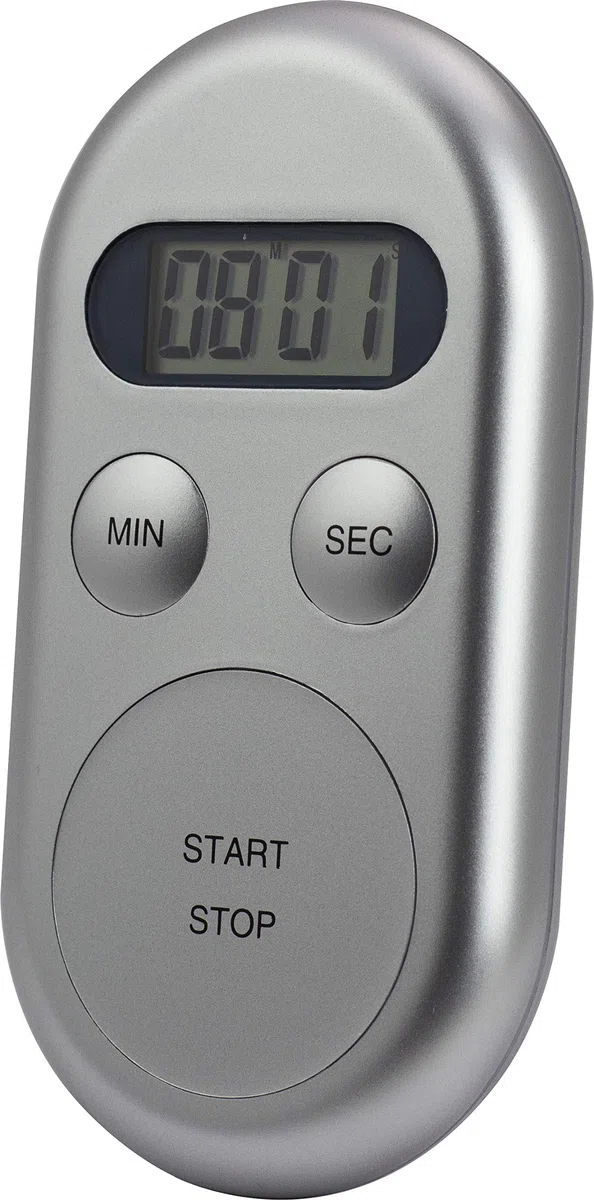 Kurzzeitmesser KT188, Silber, oval, Count-down bis 99 Min, 59 Sek., 30-sekündiger Alarm beim Erreichen von 0, Timer-Memory-Funktion, Magnet zum Befestigen an Metallflächen, große Start-/Stopptaste