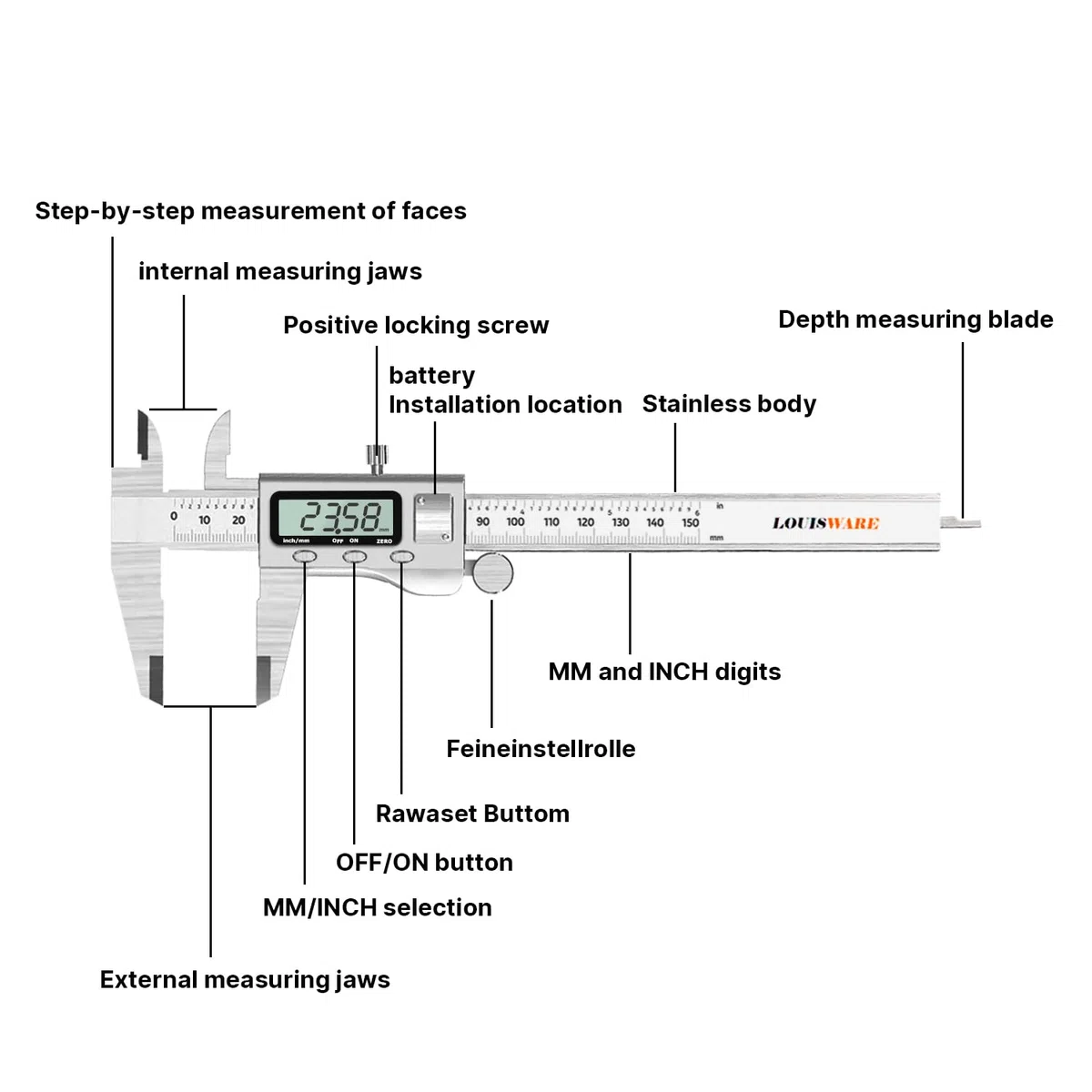 Messschieber Digital Hochpräzise Edelstahl Schieblehre 0-150mm/0-6 Elektronischer Mikrometer-Messschieber Für Innen Außen und Stufenmessungen LED Display Industrielles Testinstrument