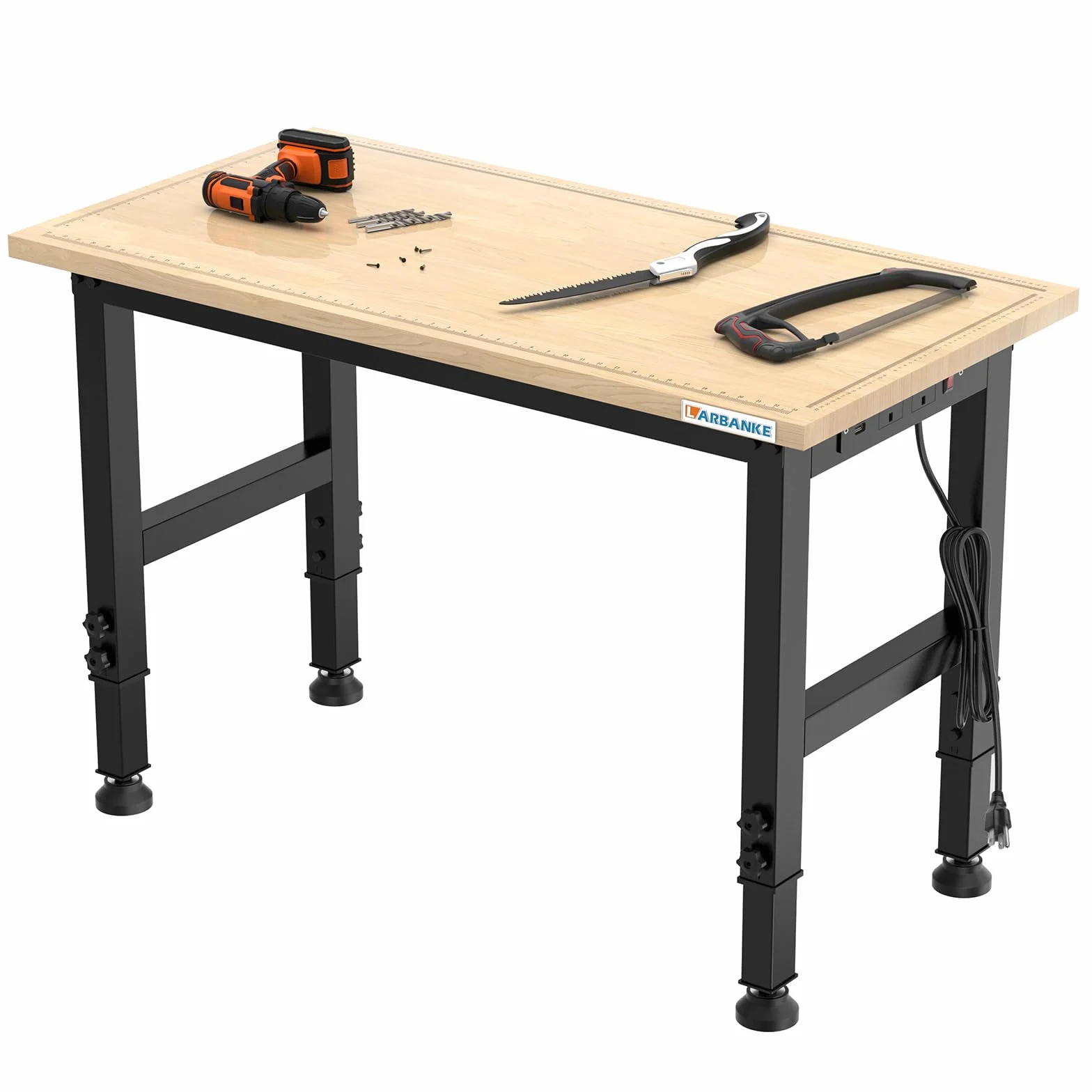 120 cm verstellbare Werkbank, Tragkraft 900 kg, robustes Gummibaumholz, 5 verstellbare Höhen, Waage, Powerpanel, für Werkstätten, Büros und Zuhause