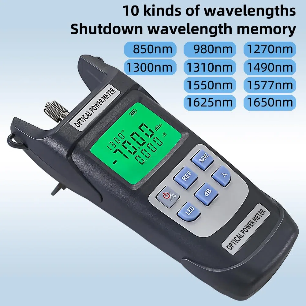 Glasfaser-Leistungsmesser, hochpräziser Glasfaserkabeltester -70 dBm ~ + 10 dBm mit LED-Licht, optischer Leistungsmesser OPM mit 10 Wellenlängenspeicher (Grau)
