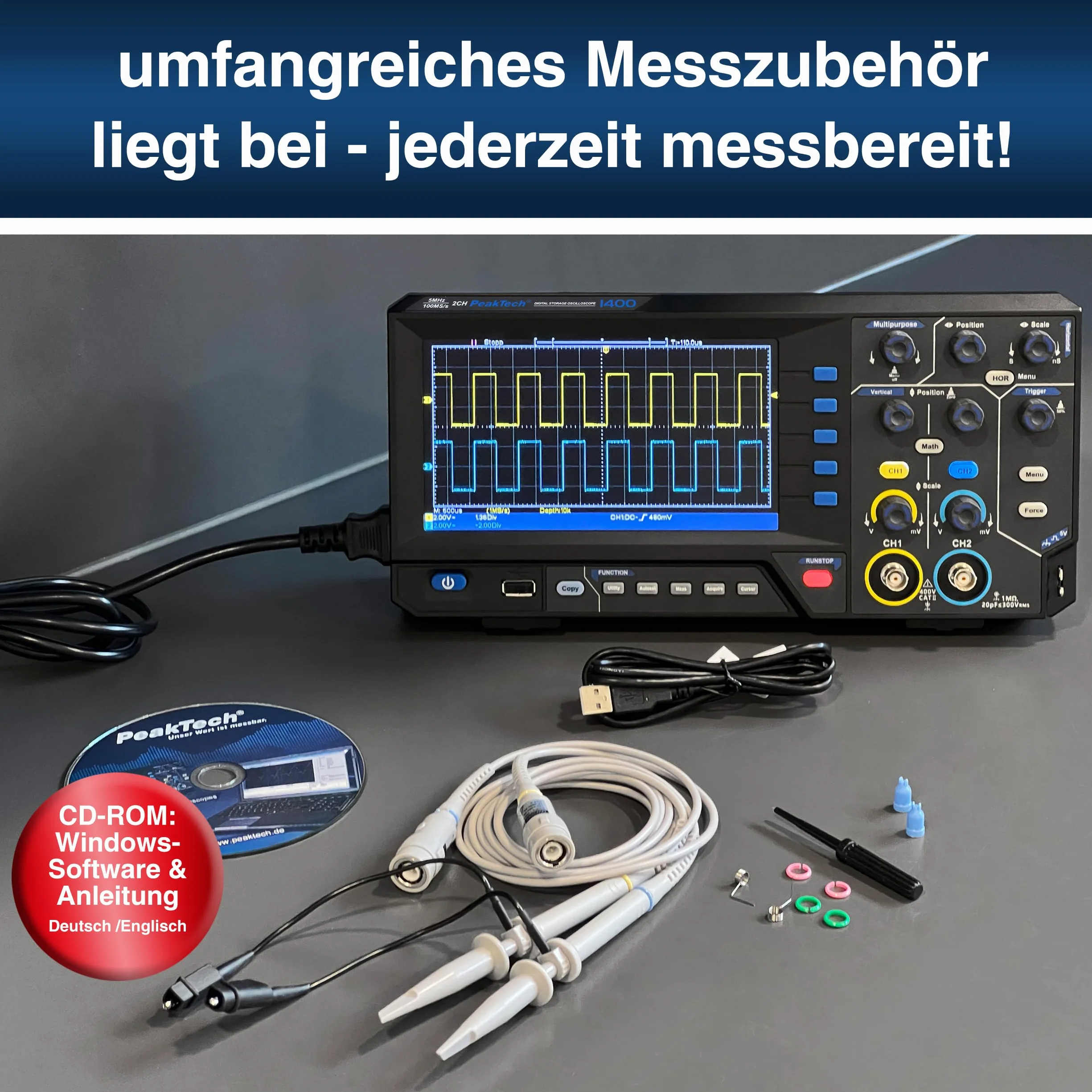 PeakTech P 1404 - Digital Oszilloskop 2 Kanal [3 Jahre Garantie] 100 MHz, 1GS/s, USB Schnittstelle, PC Software, P 1404 Oscilloscope, Schwarz, USB Oszilloskop, Oszilloskop Multimeter