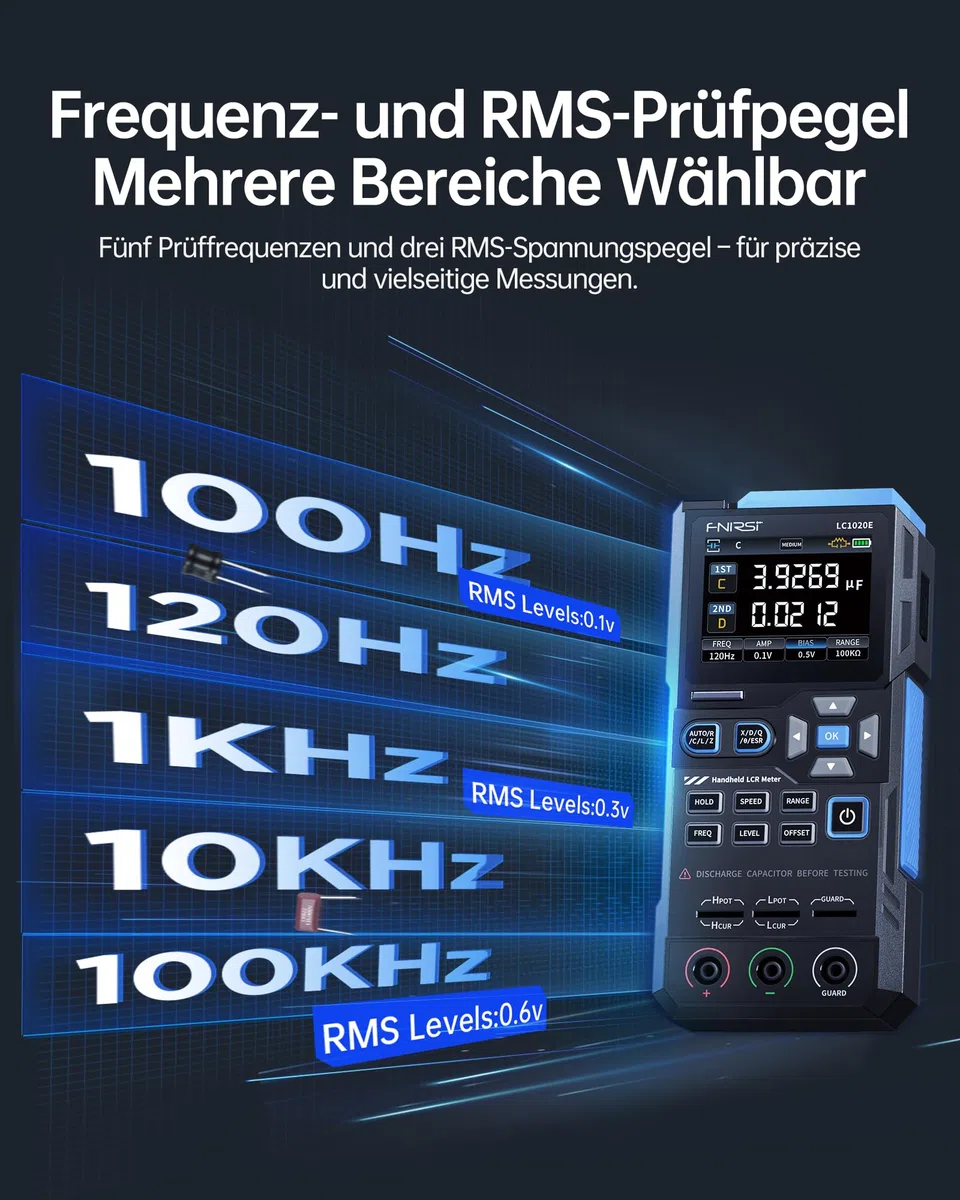 FNIRSI LC1020E 100kHz LCR-Meter, 19999 Counts Widerstands-Induktivitäts-Kondensatortester, Auto Bauteilerkennung, Misst ESR/Q/D/θ/X, Doppelparameteranzeige, Sortierung & offen/Kurzschlusskalibrierung