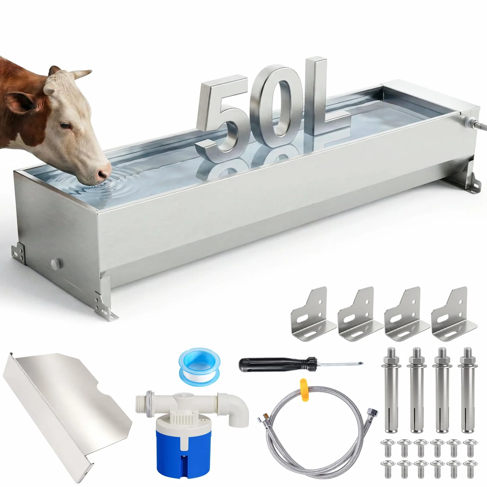 50L Automatische Tränkebecken, Edelstahl Tränkeautomat für Nutztiere & große Hunde, mit Schwimmerventil-Set, großvolumige Außentränke für Pferde, Schweine, Kühe und Ziegen