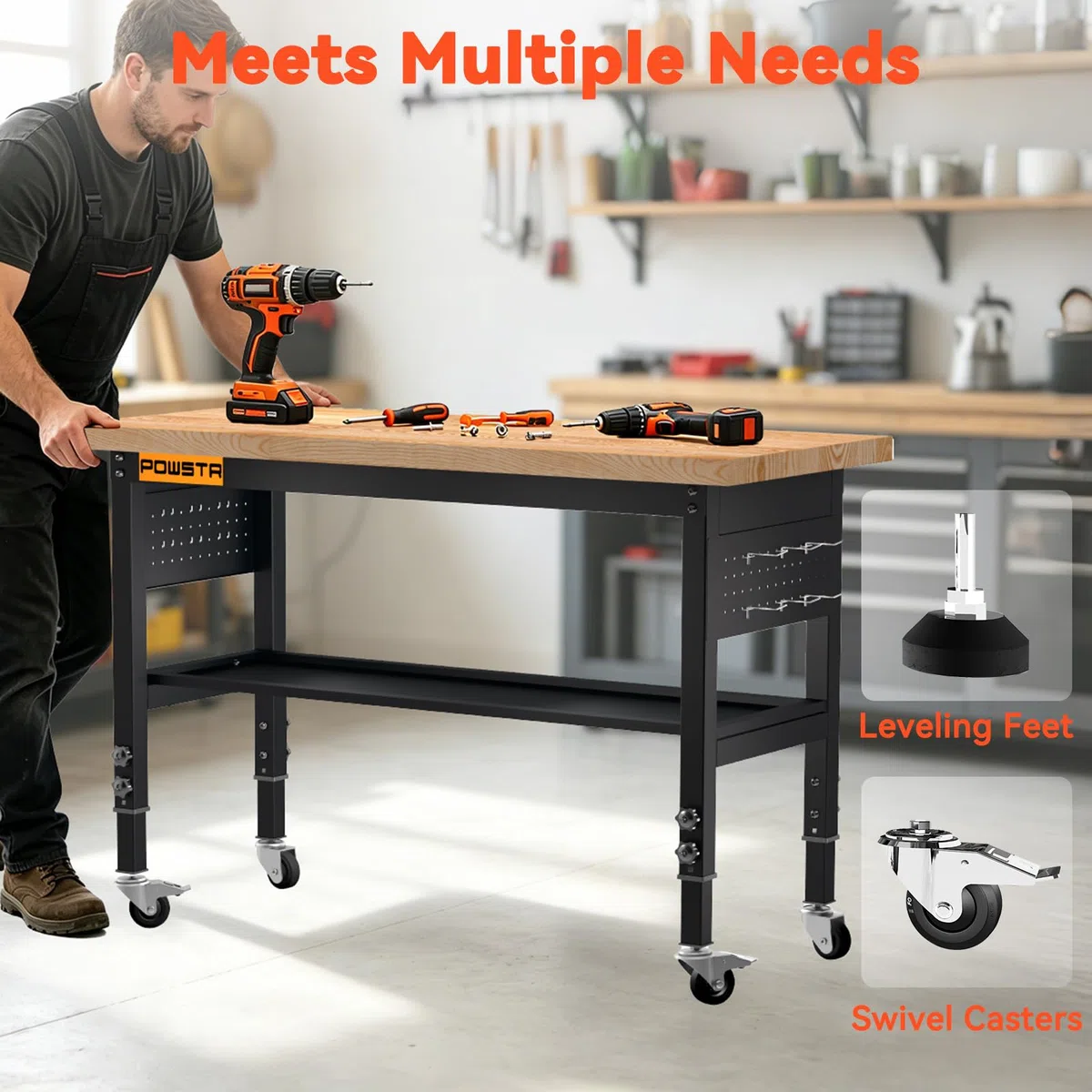 120cm Höhenverstellbare mobile Werkbank aus Gummibaumholz, 900 kg Tragfähigkeit, zweistufig mit schwenkbaren Rollen, Lochwand und 6 Haken, als Arbeitstisch für Garage, Werkstatt, Büro, Haus & Gewerbe