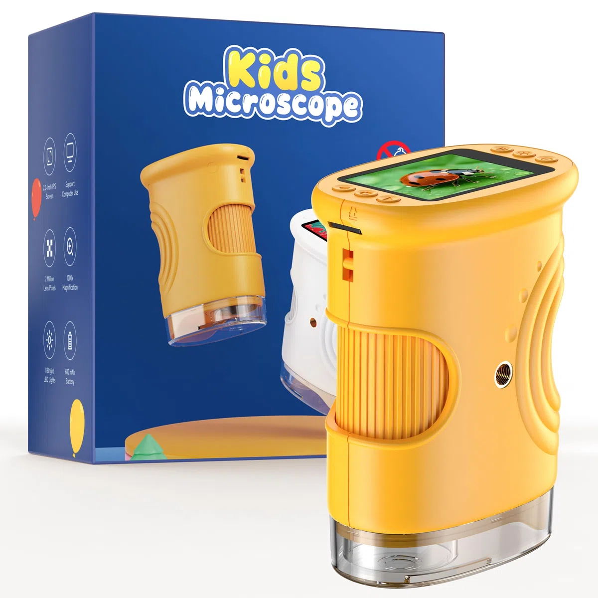 1000X Digital Mikroskop für Kinder Lupe: Handy Taschenmikroskop mit 2.0" IPS Bildschirm & 8 LED Licht - Geschenk ab 3-6 6-12 Jährige - Mini Magnifying Glass - Kids Gartenspielzeug Gelb Mint-Spielzeug