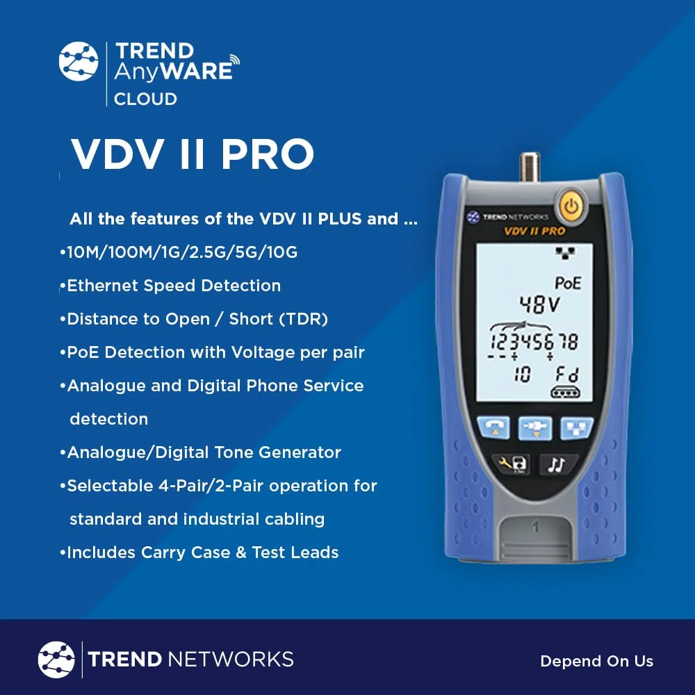 TREND Networks | R158005 | VDV II Pro | Cloud Connected Verdrahtungstester | Verdrahtungsplan, Längenermittlung, Hub-Blinken, Link-Speed-Erkennung bis 10G, Berichterstellung