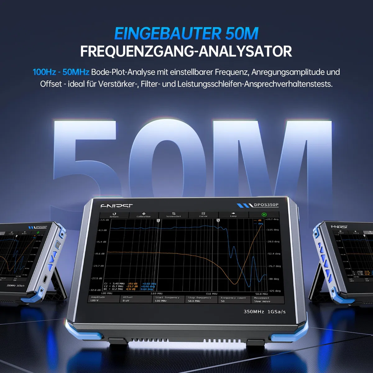 FNIRSI DPOS350P 4-in-1 Tablet-Oszilloskop 350 MHz, Spektrumanalysator 200 kHz – 350 MHz, Frequenzganganalysator DDS-Generator, 2-Kanal-Handoszilloskop 1 GSa/s, 7-Zoll-Touchscreen, digitaler Phosphor