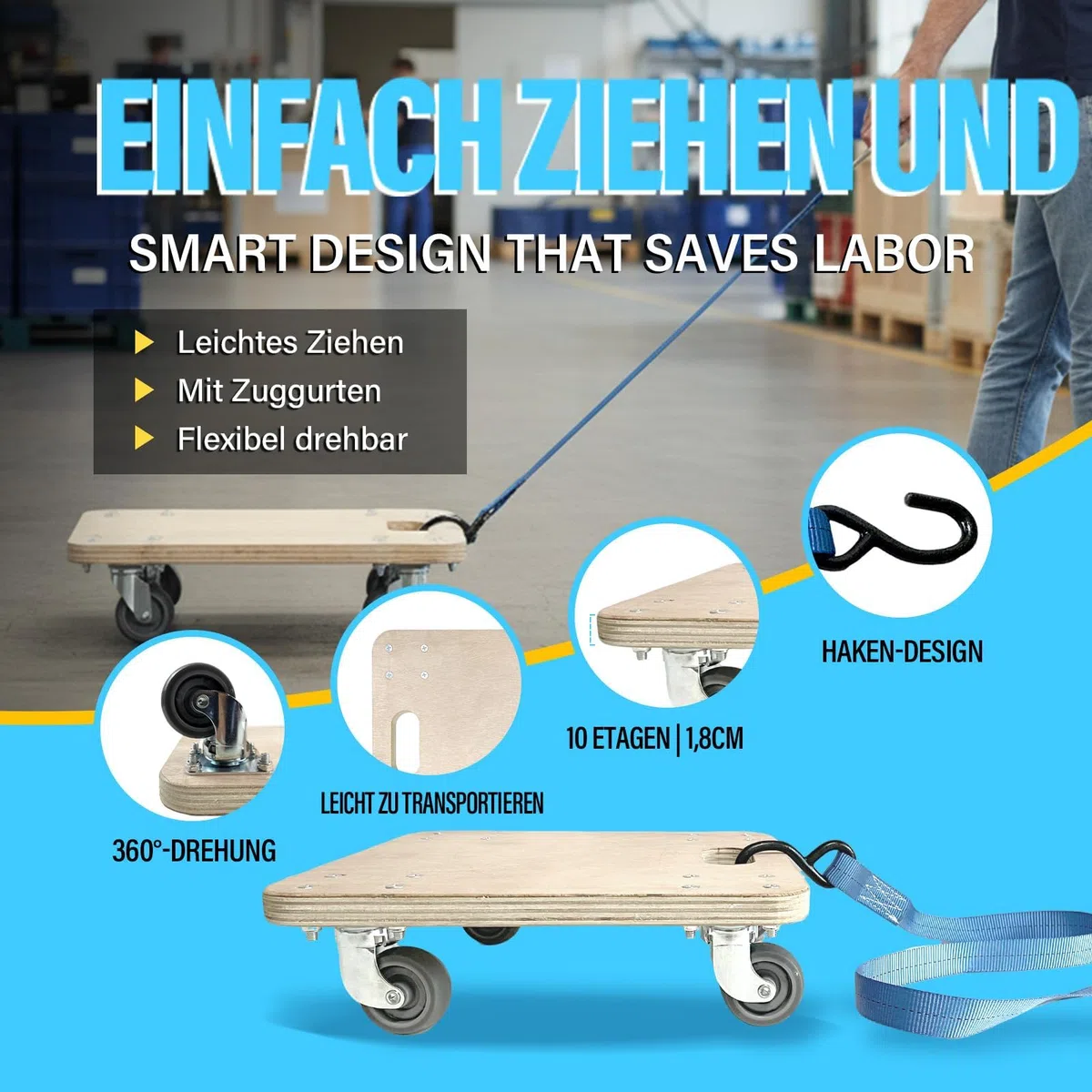 Rollbrett mit Zugseil 30×30 cm | Schwerlast-Transportroller 200 kg Tragkraft | Möbelroller & Pflanzenroller für Möbel, Kisten & Pflanzkübel | Transportbrett mit Rollen | Umzugsroller