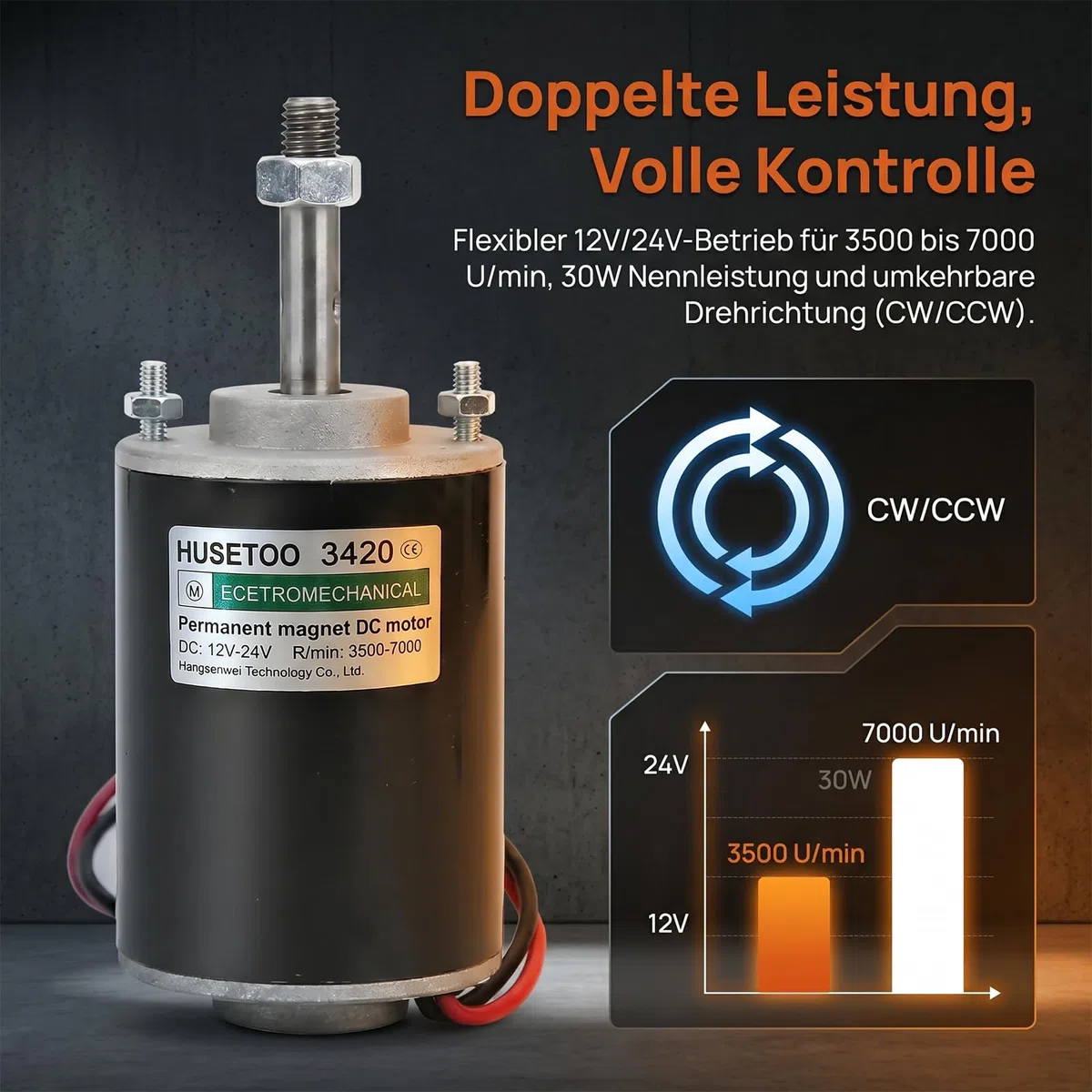 12V/24V DC Motor 30W mit 38mm Gewindewelle | 3500/7000 RPM Permanentmagnetmotor | Leiser Elektromotor für DIY & Generatoren,inklusive Motorhalterung