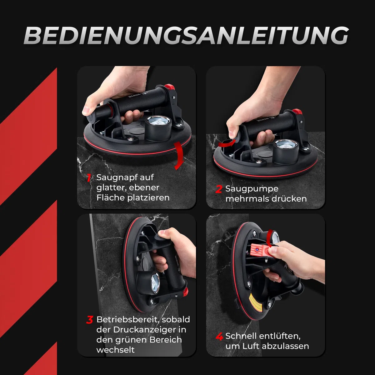 Saugheber 2er Set - Robuste Glasheber für Glas, Fenster, Laminat, Fliesen, nur für glatte Oberflächen – NICHT FÜR TERASSENPlATTEN UND RAUE OBERFLÄCHEN - Vakuumheber Saugnäpfe für Fenster