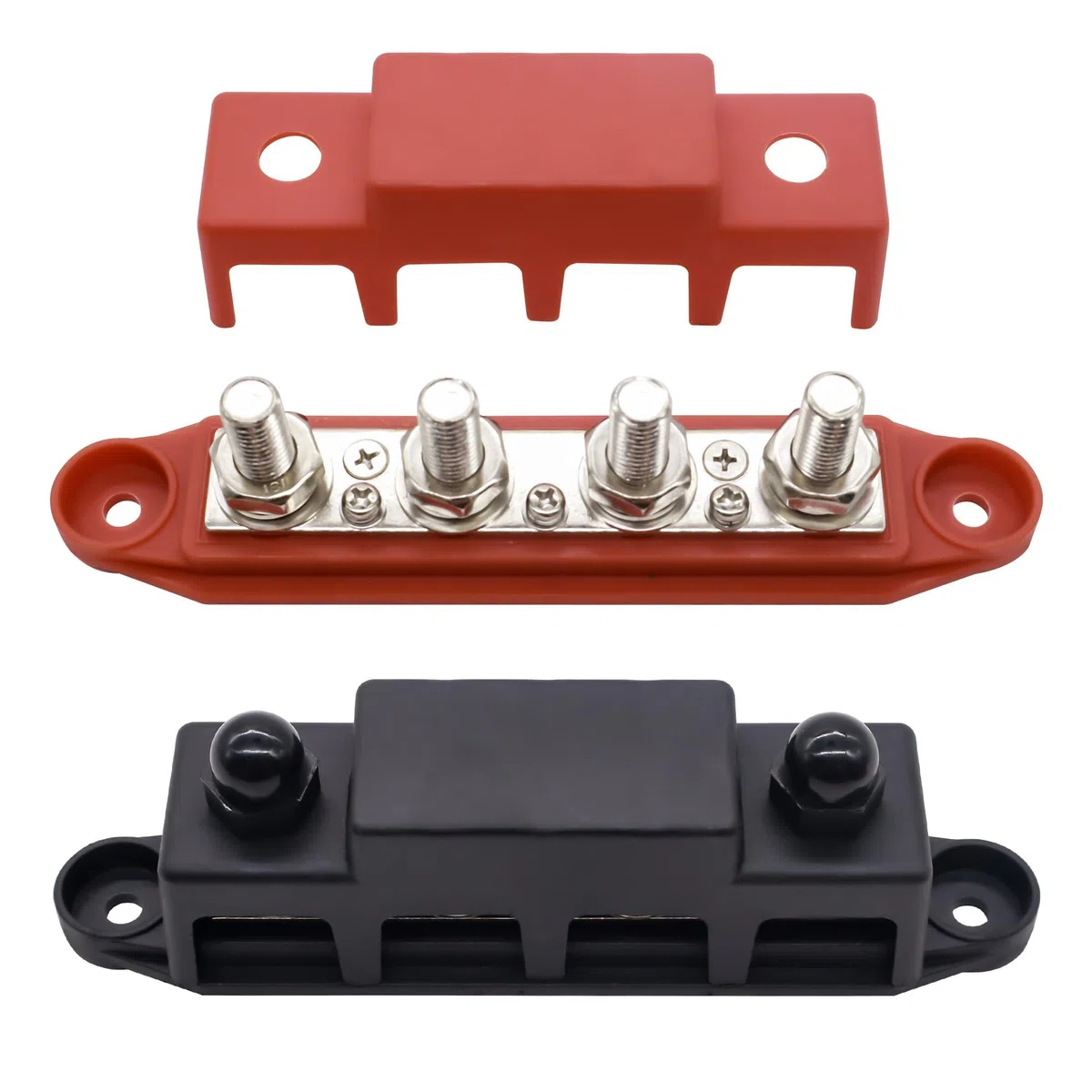 Sammelschienen Verteilerblock 250A BusBar Box mit 4 x M10 Klemmenbolzen Hochleistungsmodul 12V-48V Stromverteilungsblock Erdungsstrom DC 3/8" für Auto RV Boat Yacht (Rot Schwarz, 2PCS)