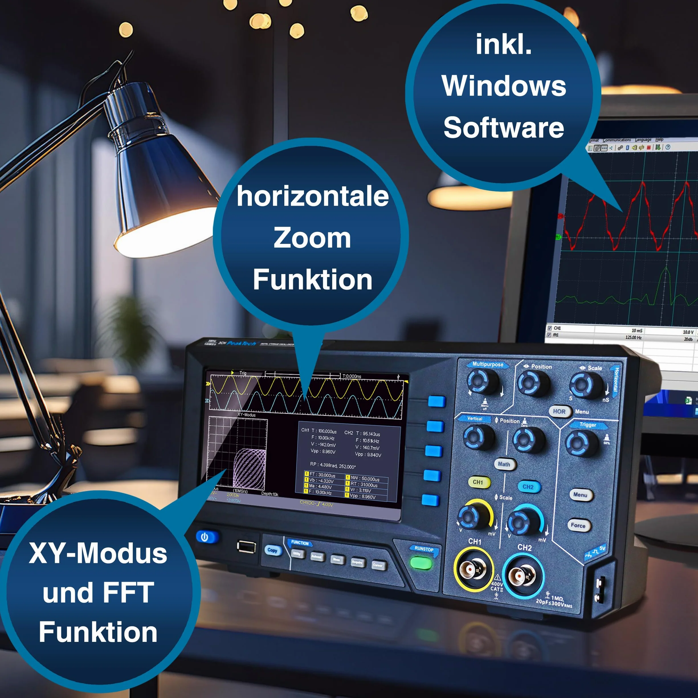 PeakTech P 1404 - Digital Oszilloskop 2 Kanal [3 Jahre Garantie] 100 MHz, 1GS/s, USB Schnittstelle, PC Software, P 1404 Oscilloscope, Schwarz, USB Oszilloskop, Oszilloskop Multimeter
