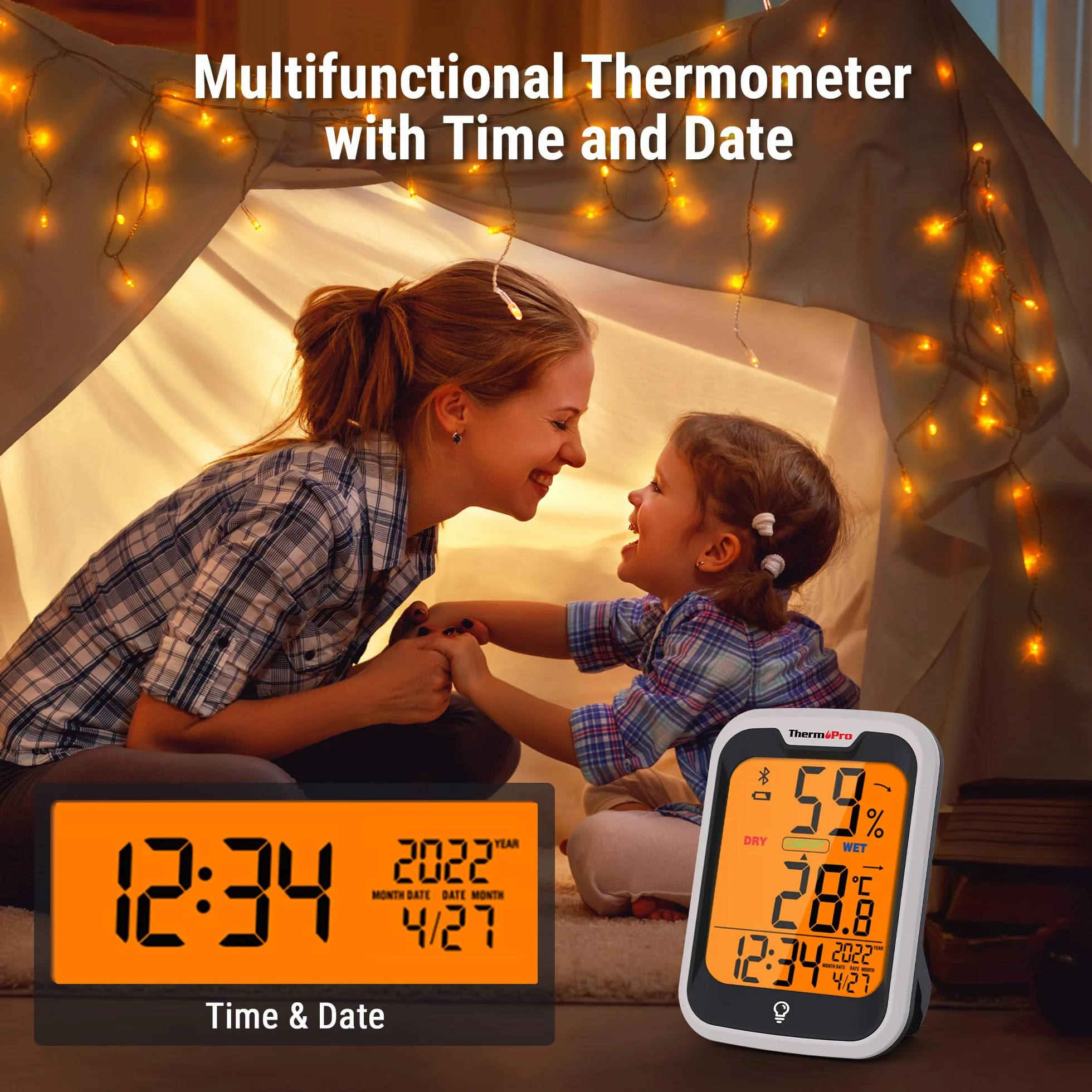 ThermoPro TempPro Bluetooth Hygrometer Innen Thermometer für Innenräume 2er-Set Uhrzeit/Datum 0.5℃ Genau Nachtlicht Luftfeuchtigkeitsmesser mit Aufzeichnung Thermometer Innen für Schlafzimmer
